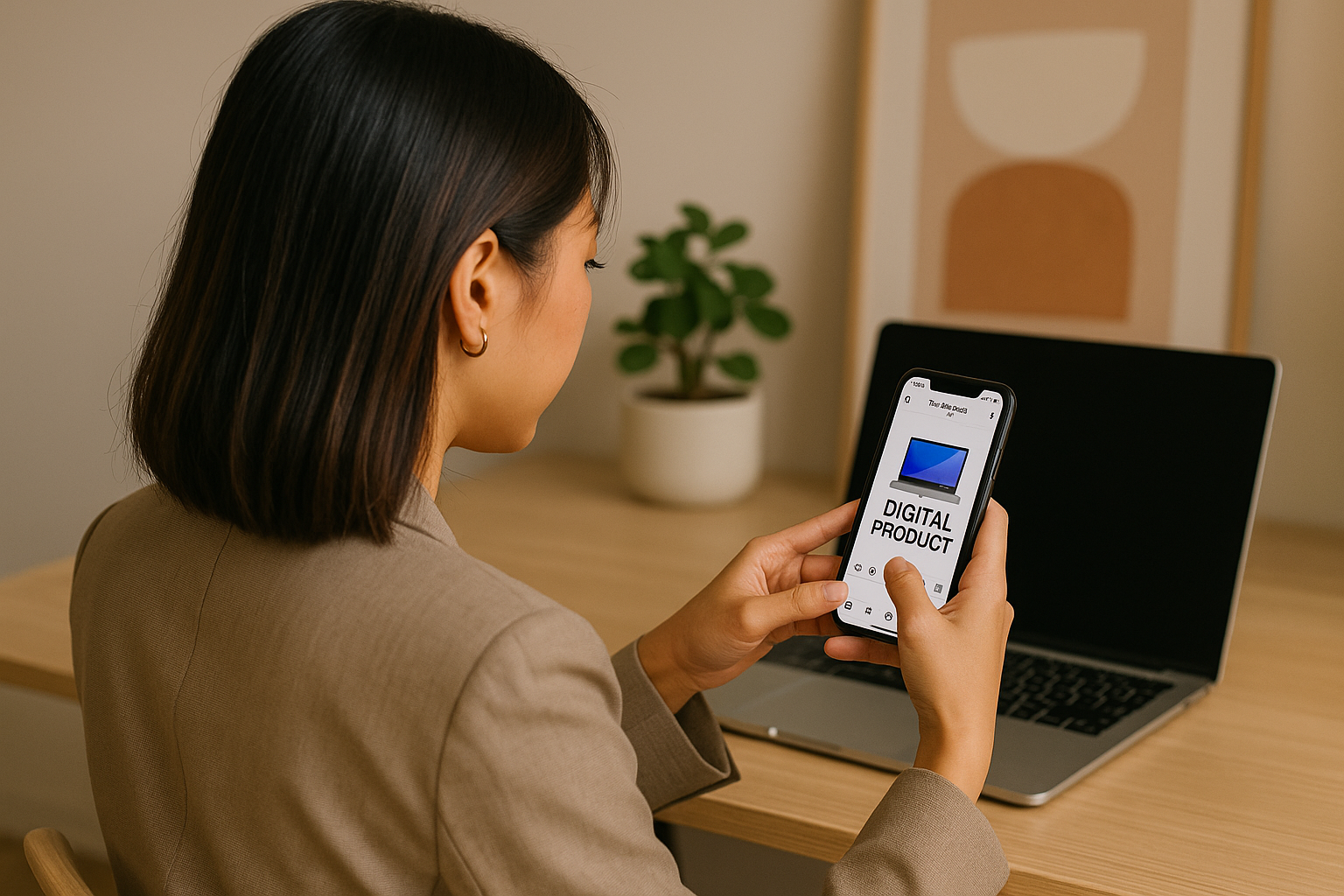 Wanita muda memposting produk digital di Instagram dari belakang.
