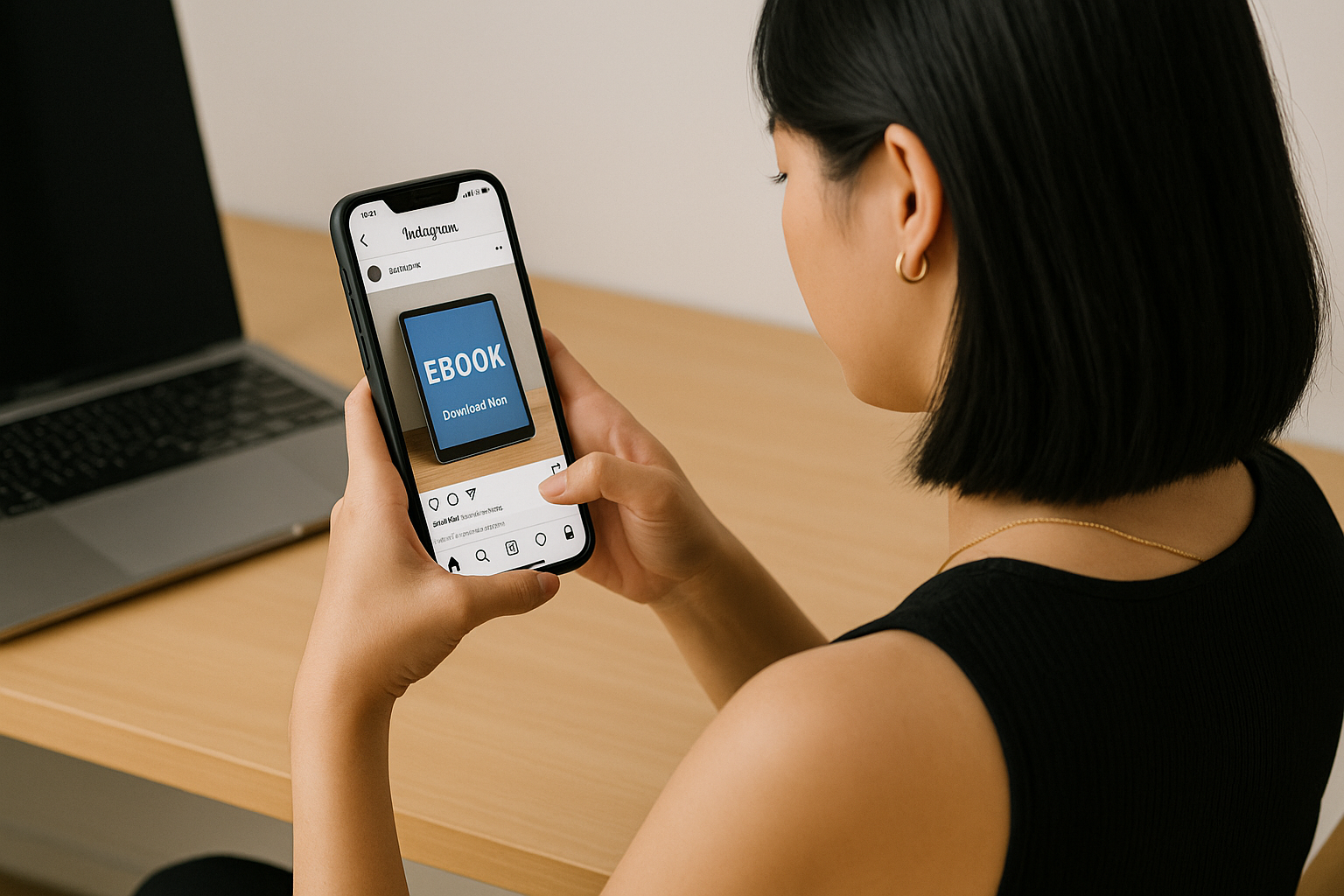 Wanita muda mempromosikan eBook di Instagram dari belakang.