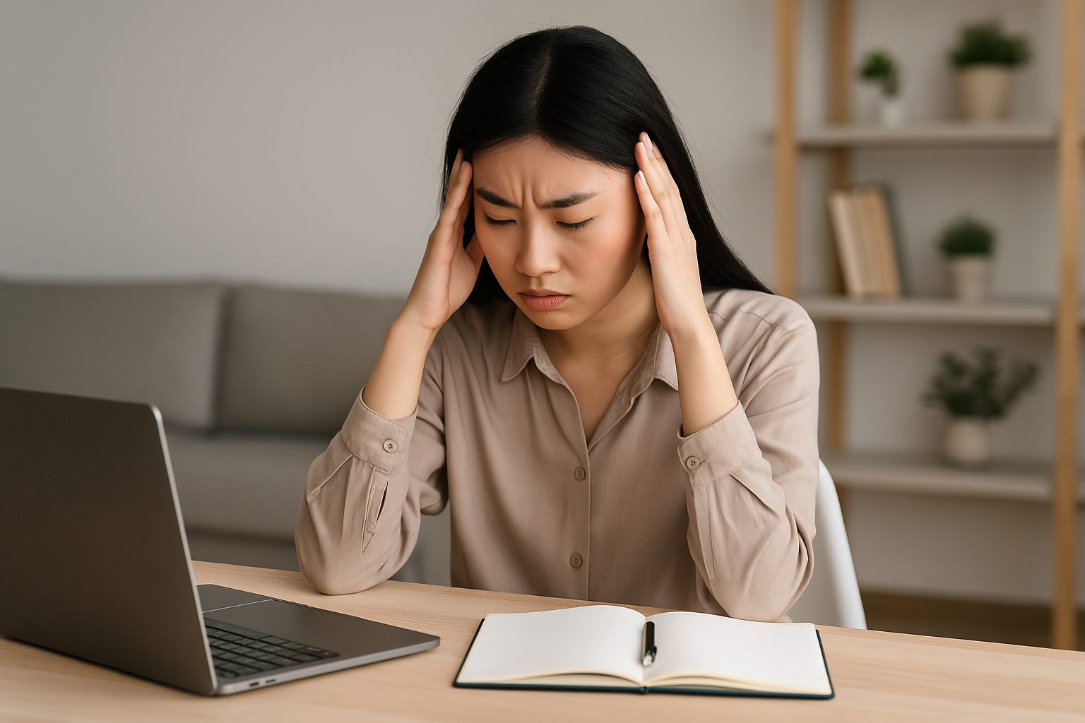 Wanita Chindo Gen Z mengalami burnout saat bekerja di depan laptop.