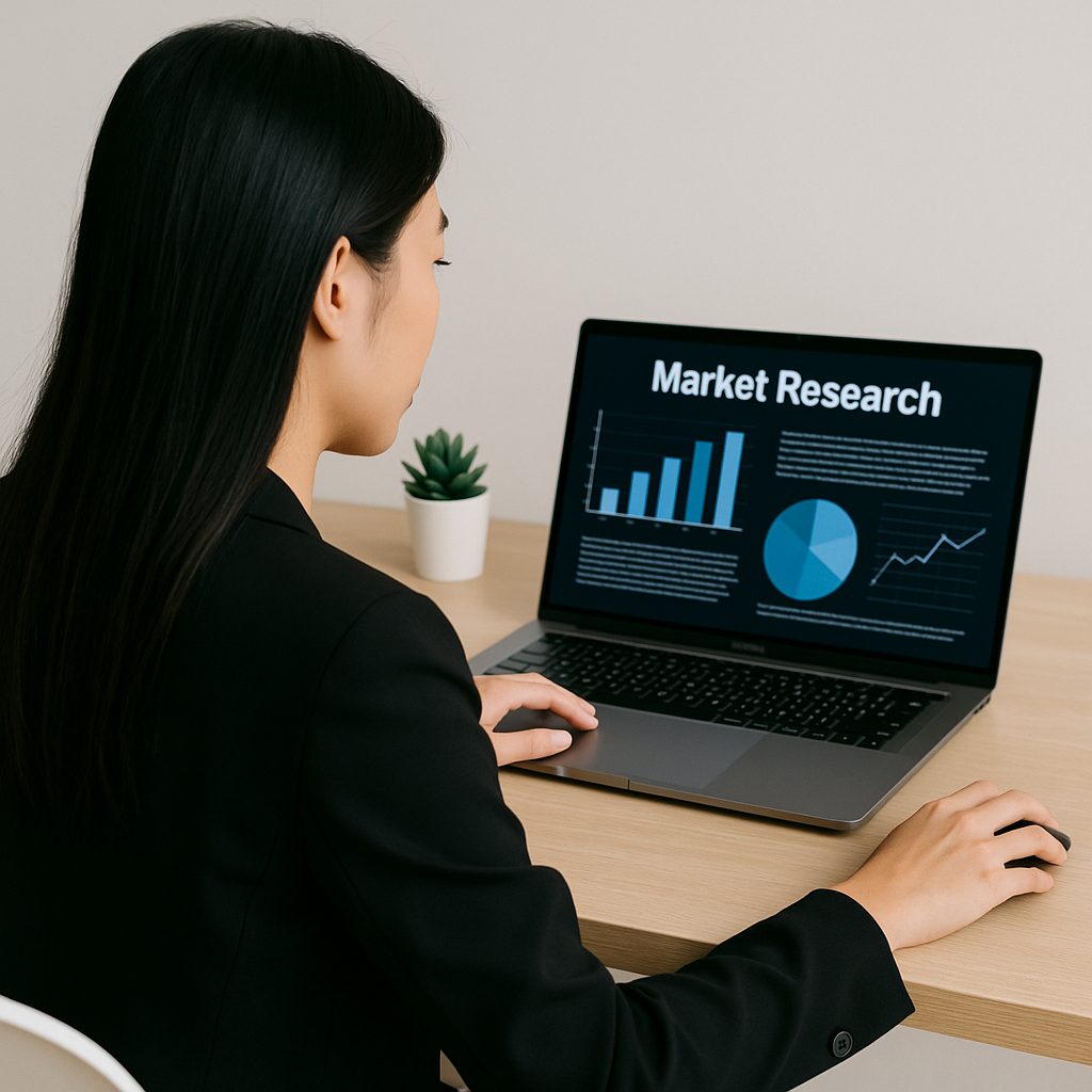 Wanita muda duduk membelakangi kamera sambil menatap layar laptop bertuliskan "Market Research".