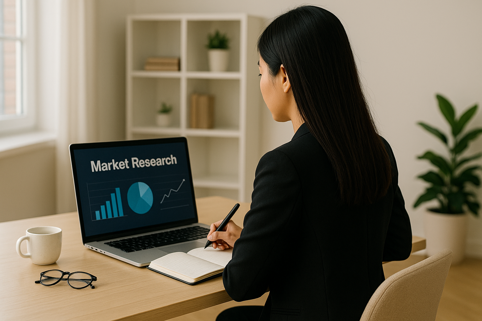 Wanita muda mencatat hasil riset pasar di depan laptop dengan layar menampilkan grafik dan diagram.