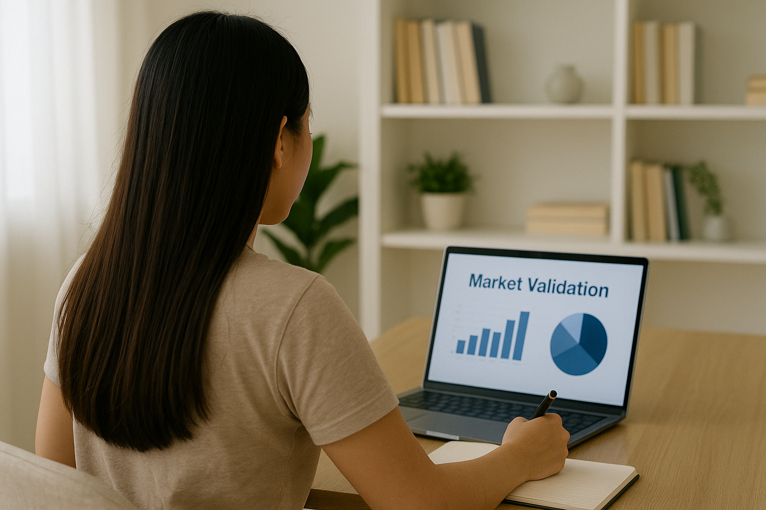 Wanita muda mencatat sambil melihat grafik market validation di layar laptop, dilihat dari belakang.