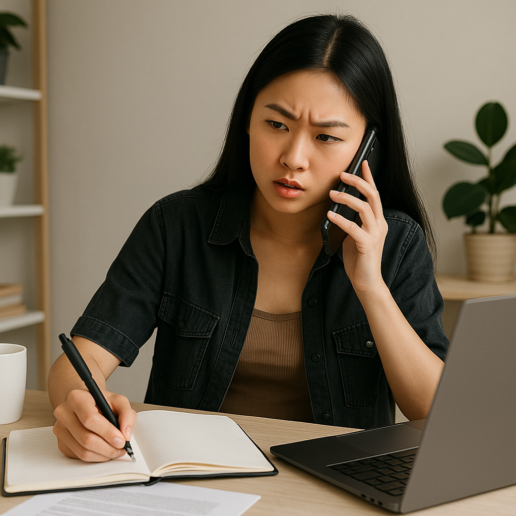 Wanita Chindo Gen Z multitasking: telepon sambil mencatat di meja kerja.