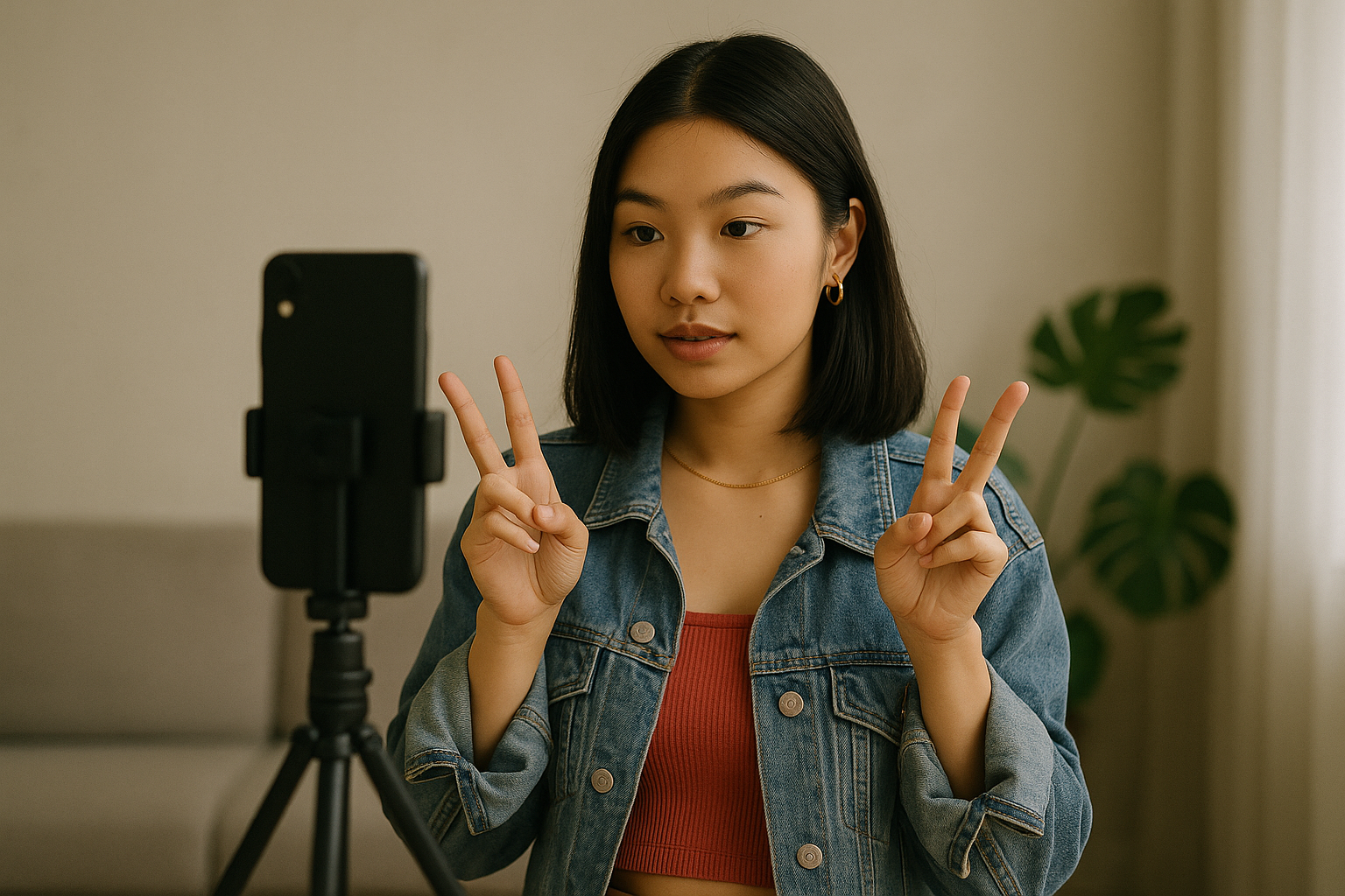 Perempuan muda Asia sedang membuat konten video di depan kamera.
