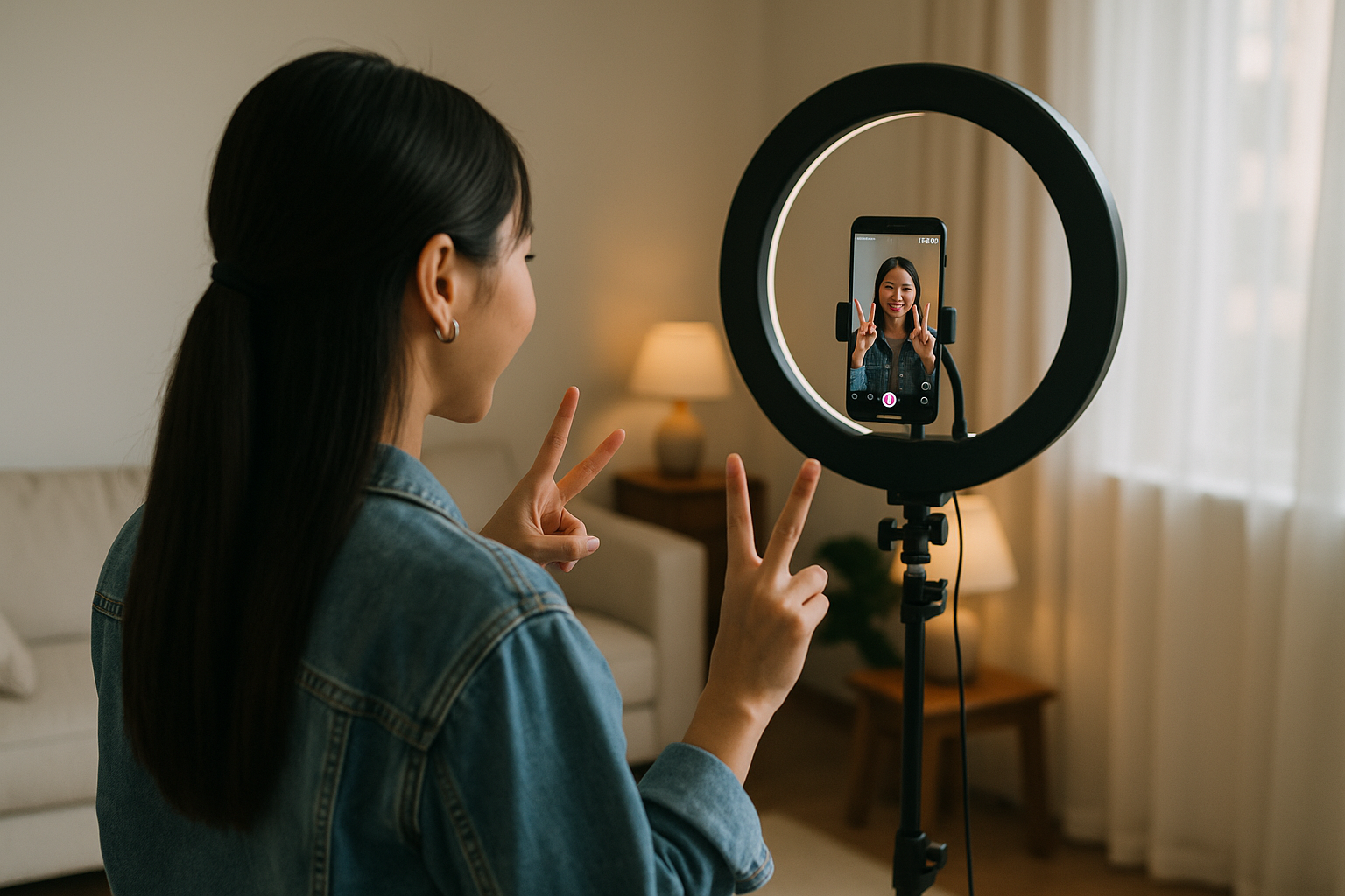 Perempuan muda Asia sedang live streaming dengan ring light dan ponsel.