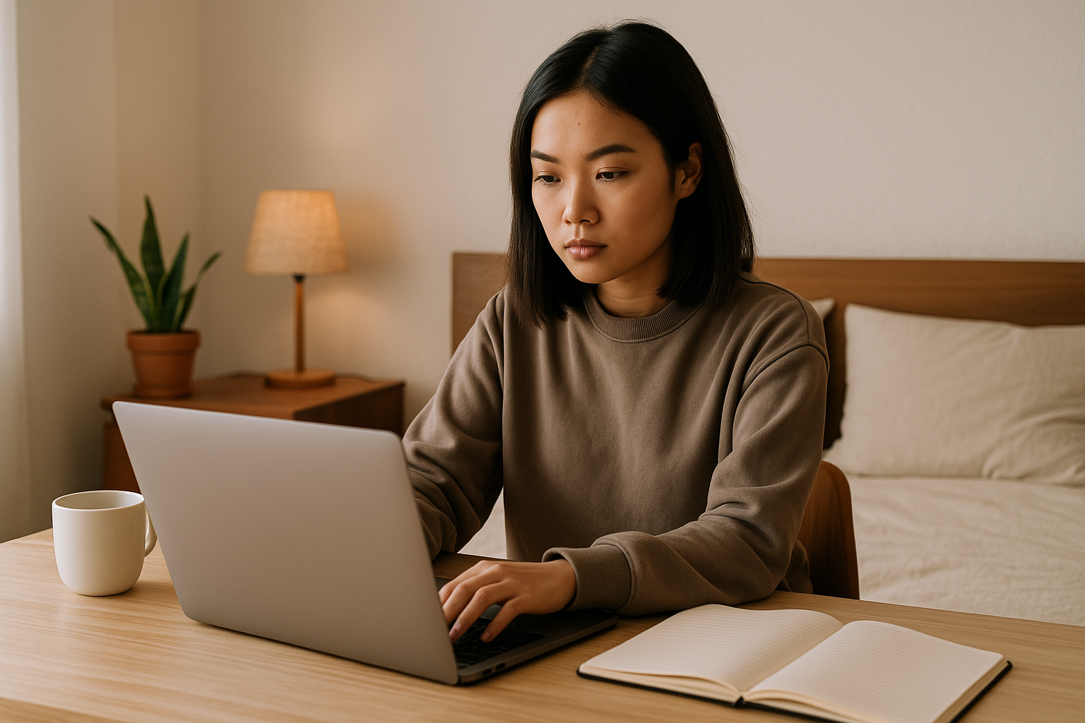 Wanita muda Asia bekerja di depan laptop di kamar yang rapi dan hangat.