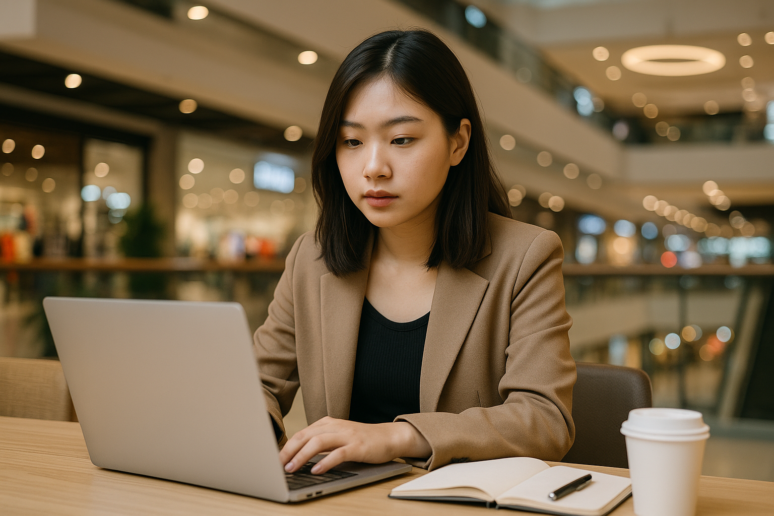 Wanita muda Asia bekerja dengan laptop di meja mall modern.