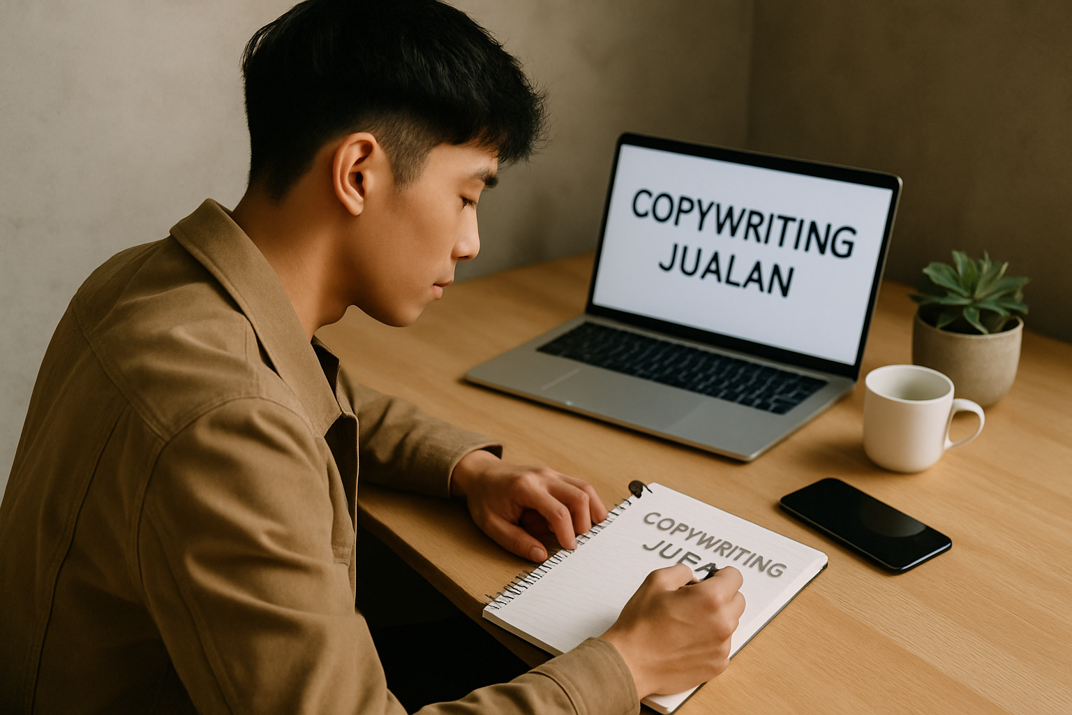 Pria Asia muda sedang menulis copywriting di meja kerja dengan laptop dan catatan.