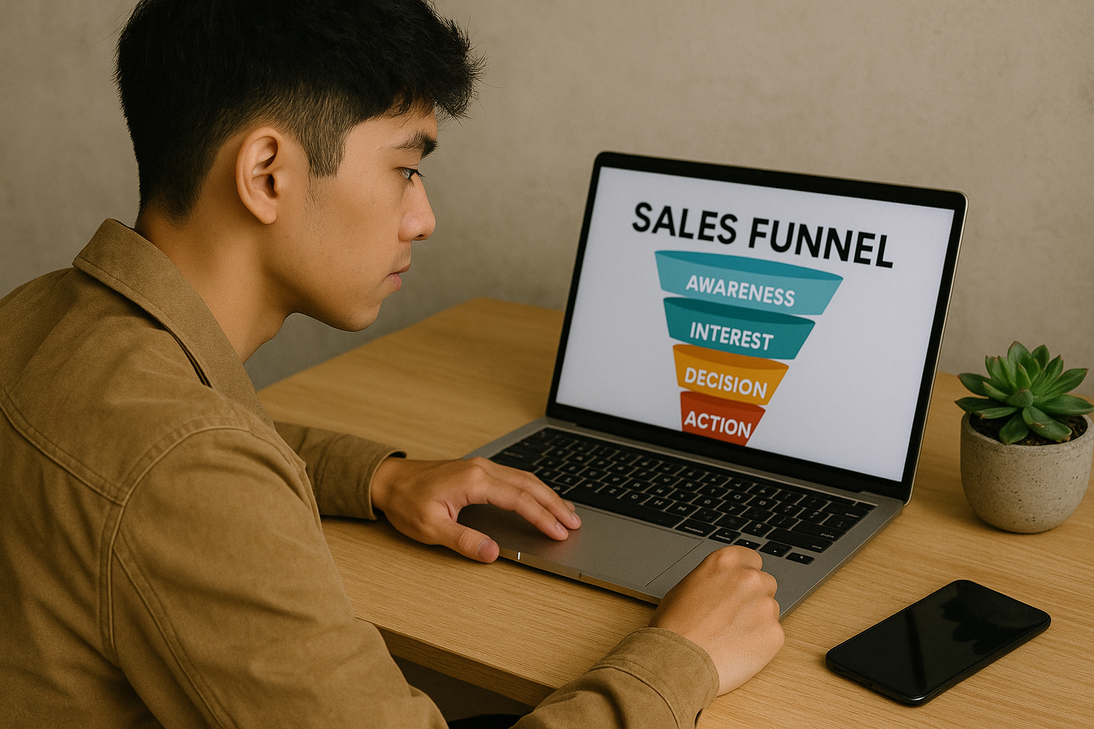 Pria muda Asia melihat diagram funnel penjualan di layar laptop.