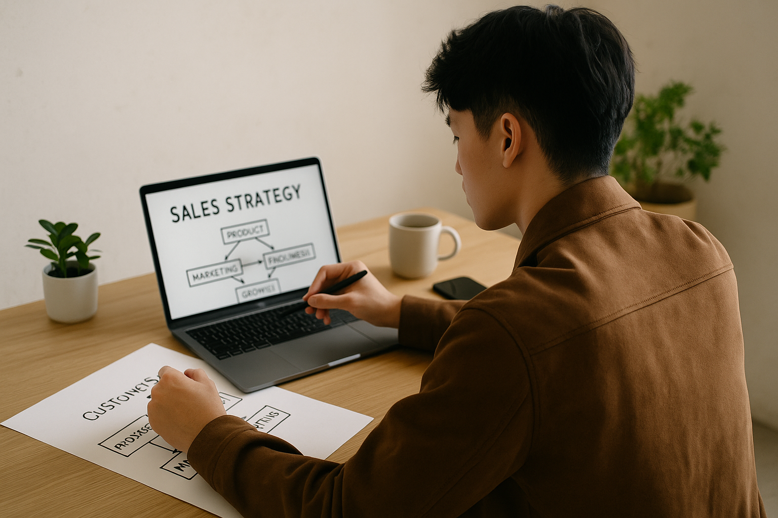 Pria muda Asia membuat strategi penjualan di laptop dan kertas kerja.