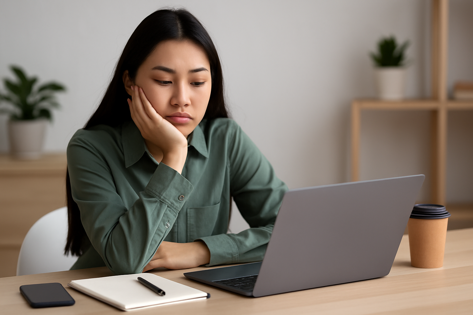 Wanita muda Asia terlihat lelah dan tidak semangat saat bekerja di depan laptop.