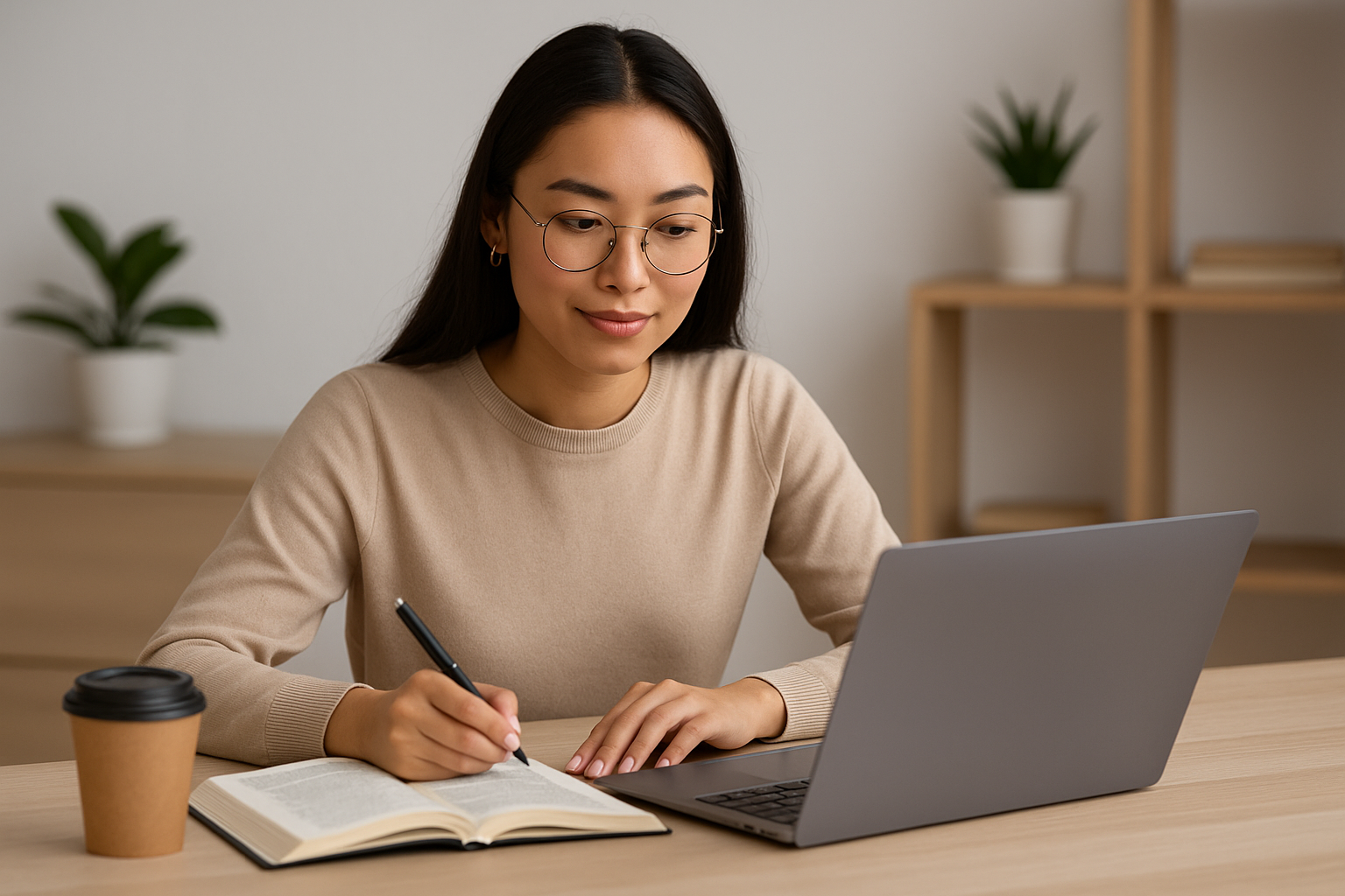 Wanita muda Asia mengenakan kacamata sedang menulis sambil bekerja di depan laptop.