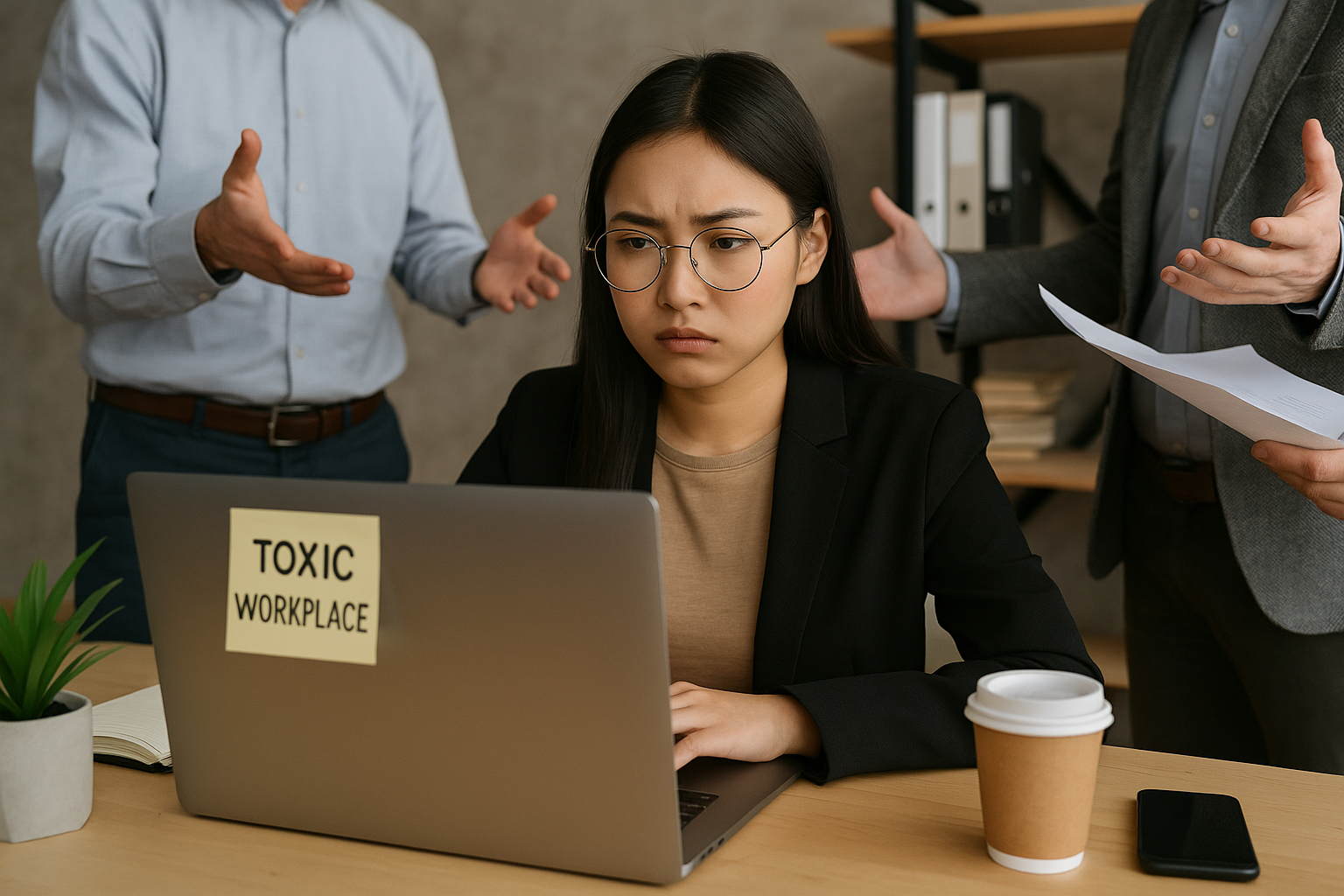 Wanita muda Asia bekerja dengan wajah tertekan di depan laptop bertuliskan "Toxic Workplace".