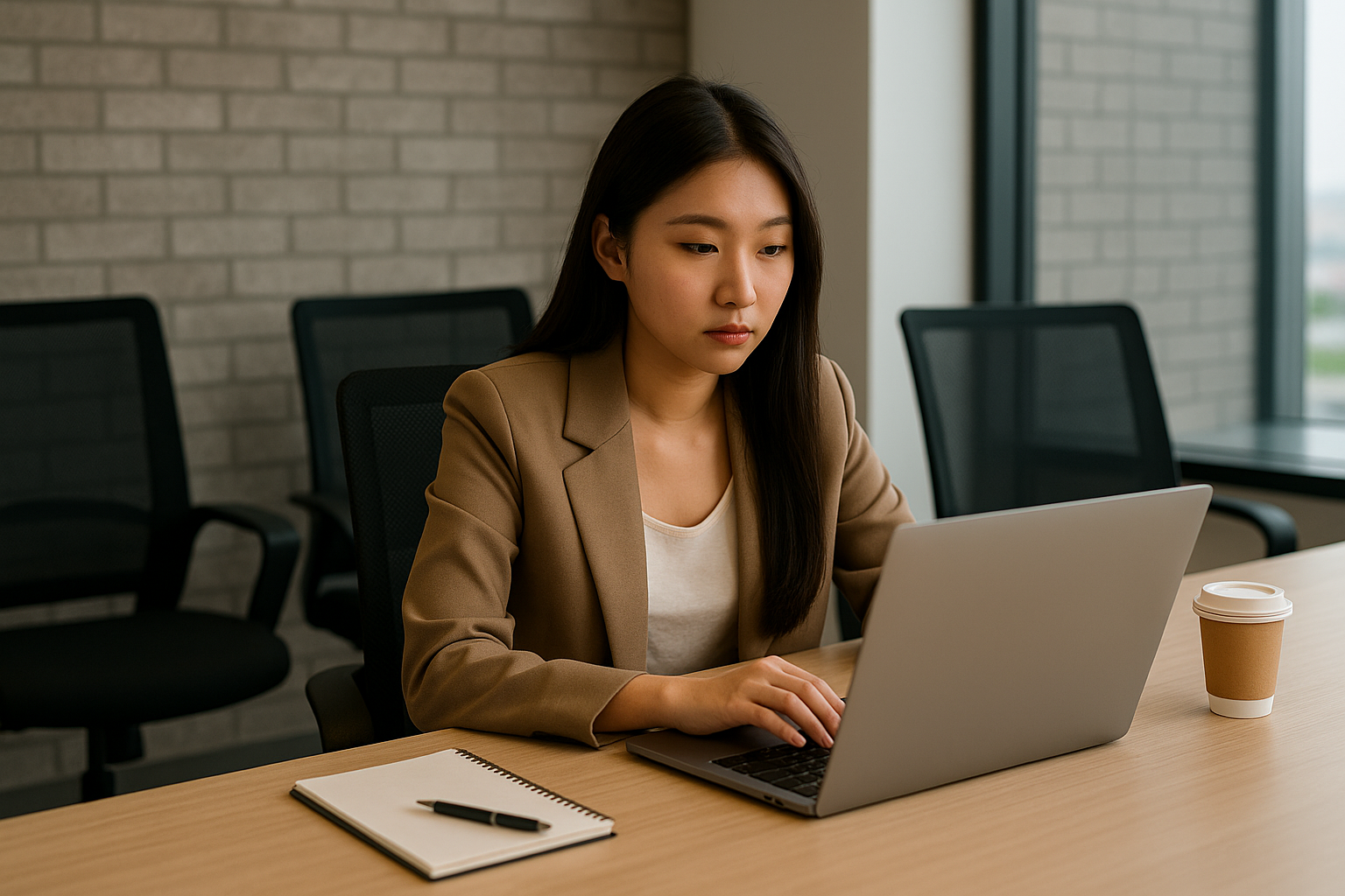 Wanita muda Asia sedang bekerja dengan laptop di ruang meeting modern.