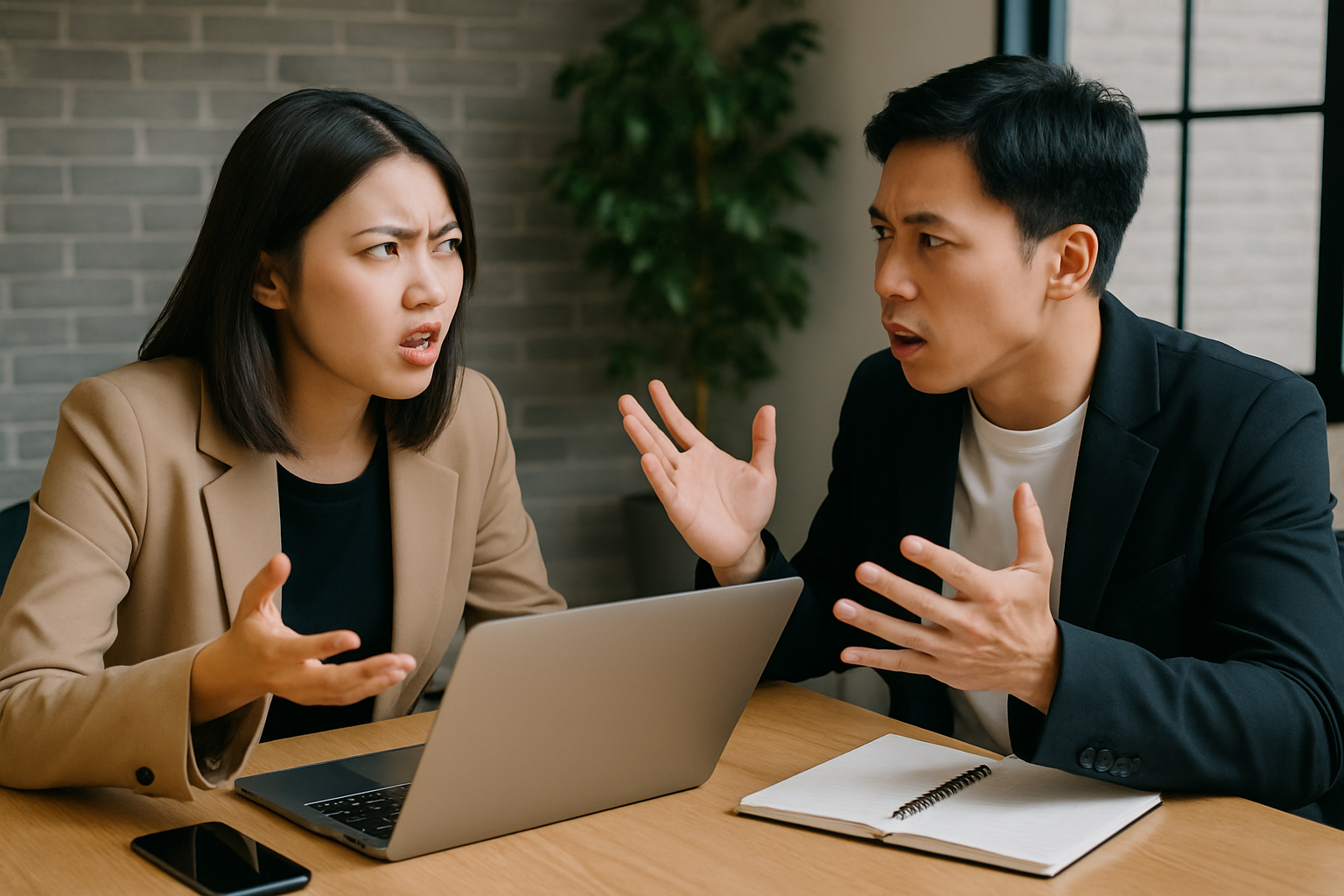 Dua rekan kerja Asia sedang berdebat serius di meja kantor.
