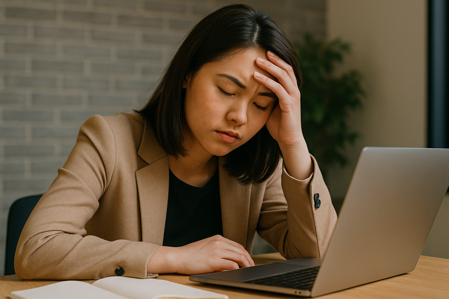 Wanita muda Asia terlihat lelah dan stres saat bekerja di depan laptop.