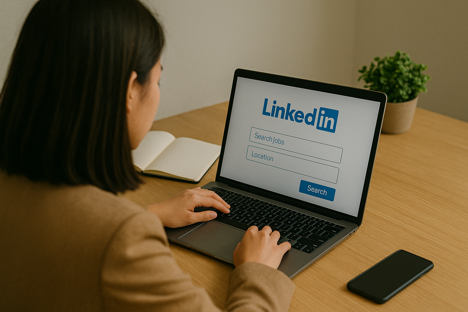 Wanita muda Asia sedang mencari pekerjaan melalui LinkedIn di laptop.