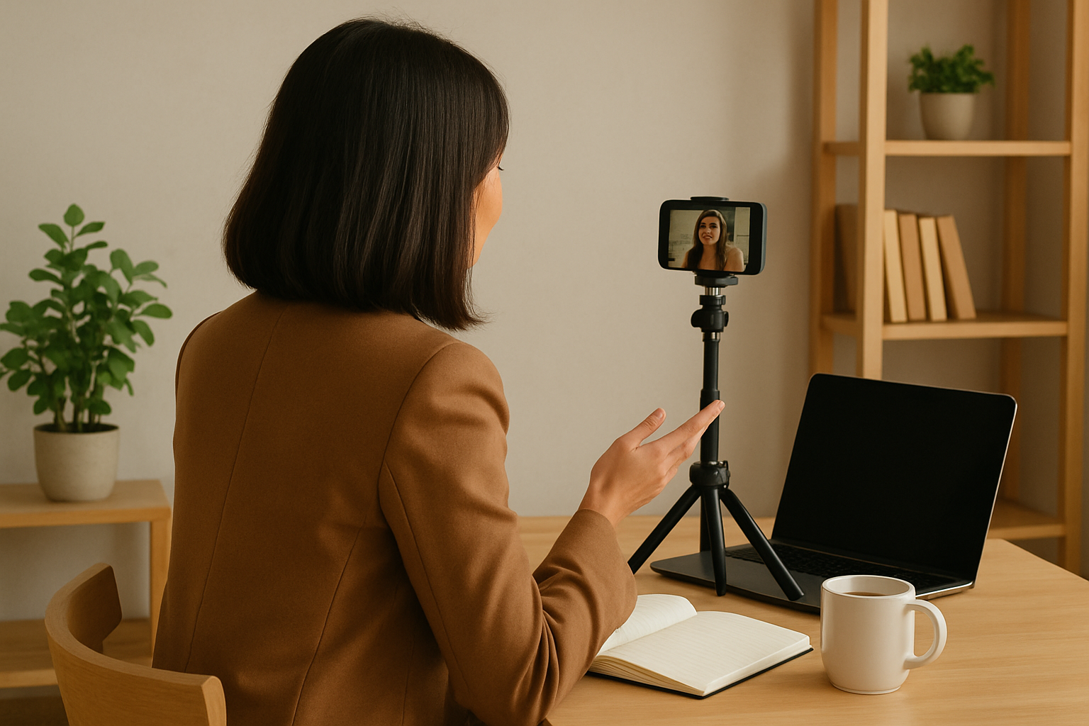 Wanita muda Asia merekam konten menggunakan smartphone dari belakang.