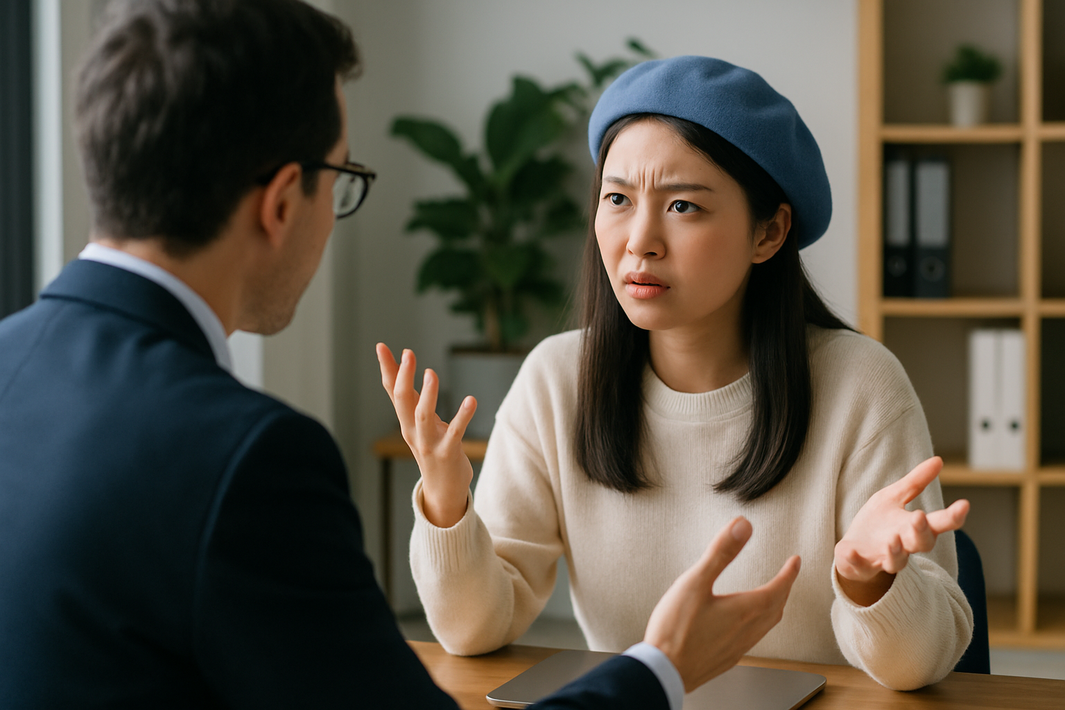 Perempuan muda Asia berdebat serius dengan pria di ruang kantor modern.