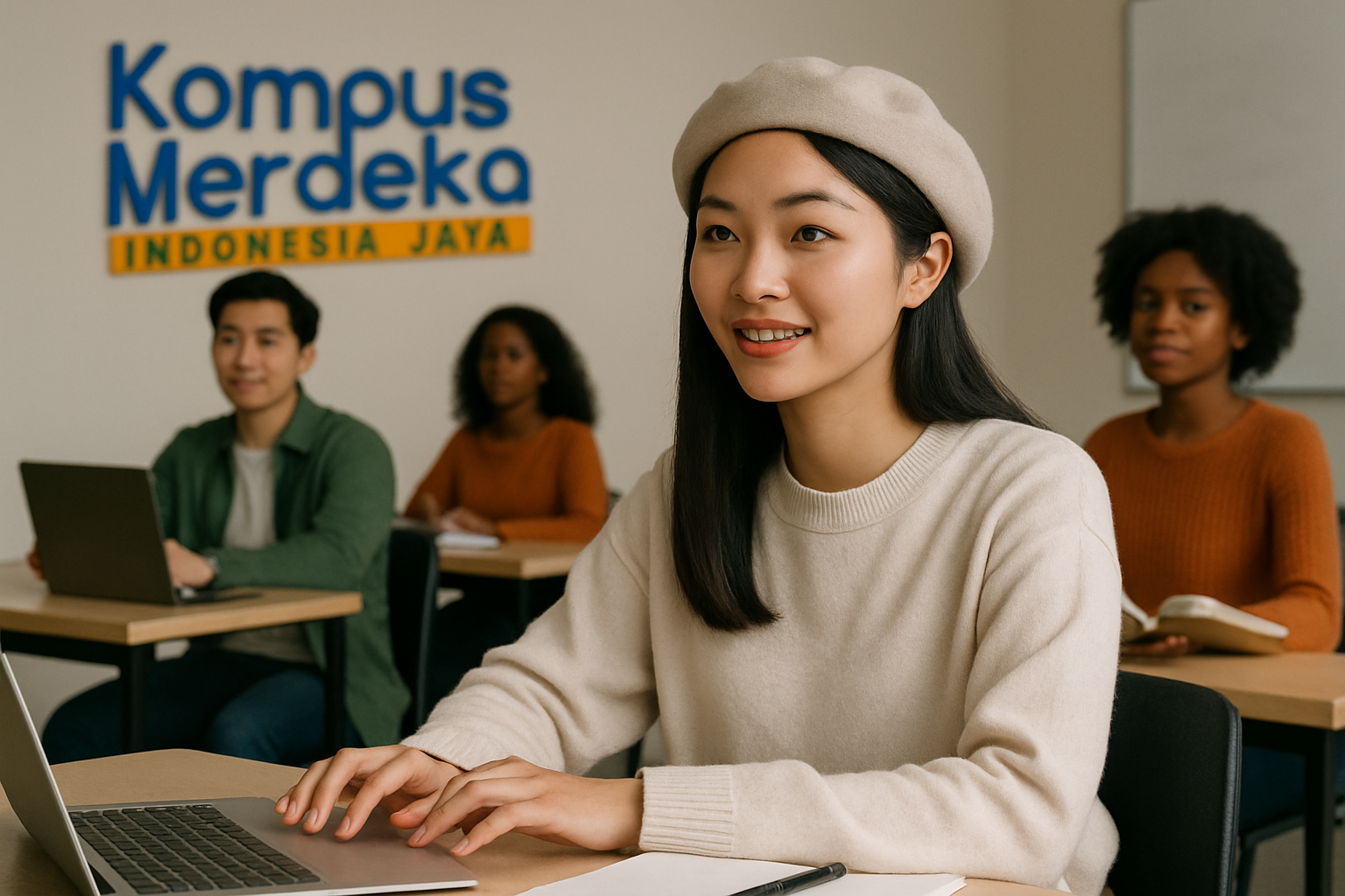 Perempuan muda Asia mengikuti kelas Kampus Merdeka di ruang belajar modern.