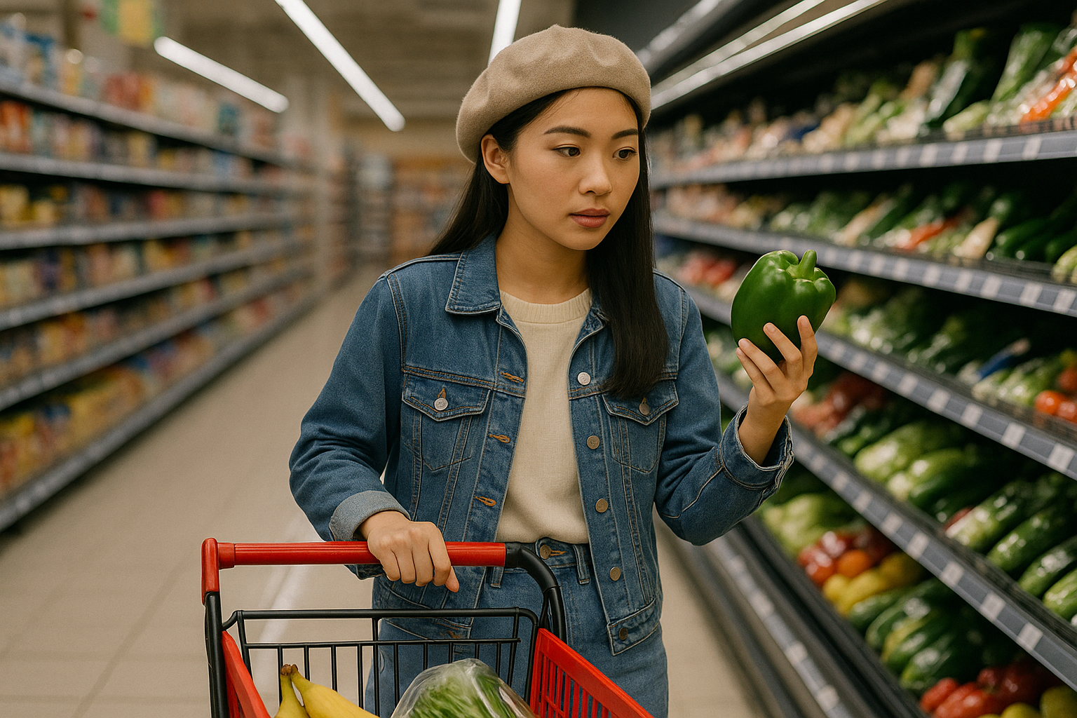 Perempuan muda Asia memeriksa paprika hijau saat berbelanja di supermarket.