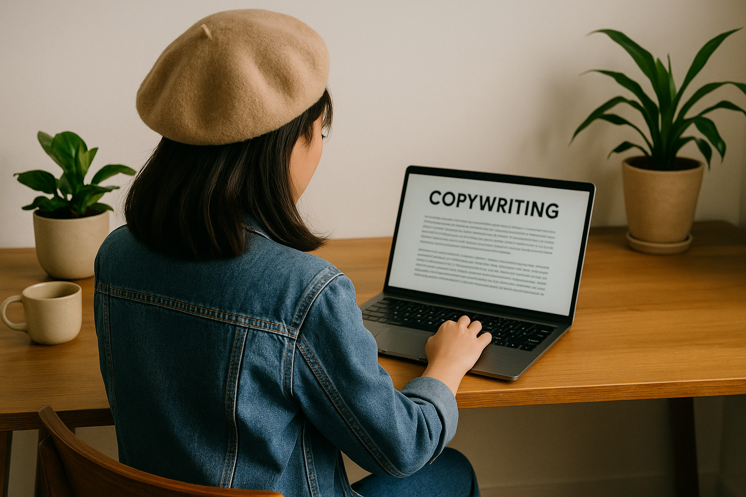 Perempuan muda Asia sedang menulis copywriting di laptop di meja kayu, dilihat dari belakang.