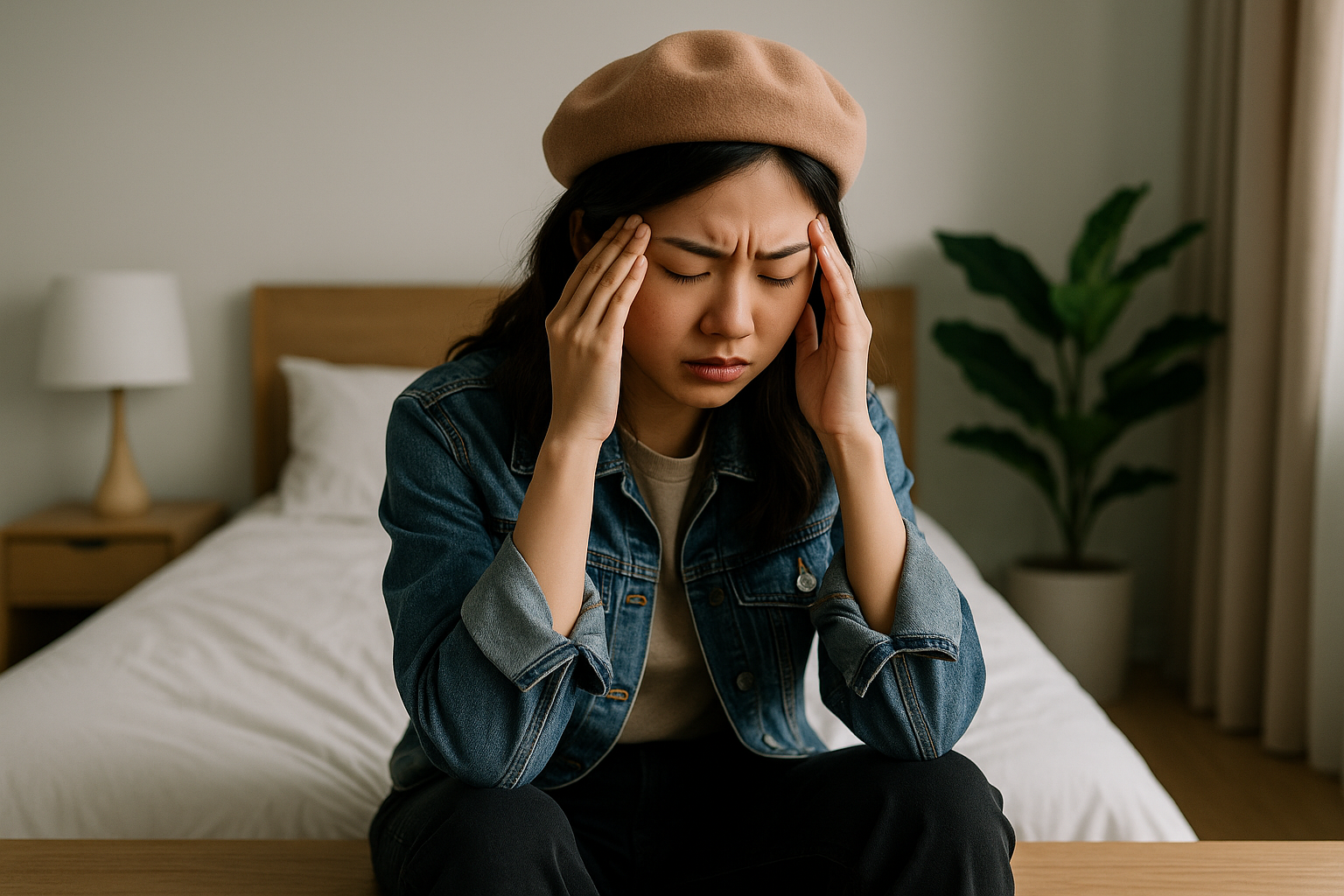 Perempuan muda Asia duduk di tepi tempat tidur dengan ekspresi stres dan tangan memegang kepala.