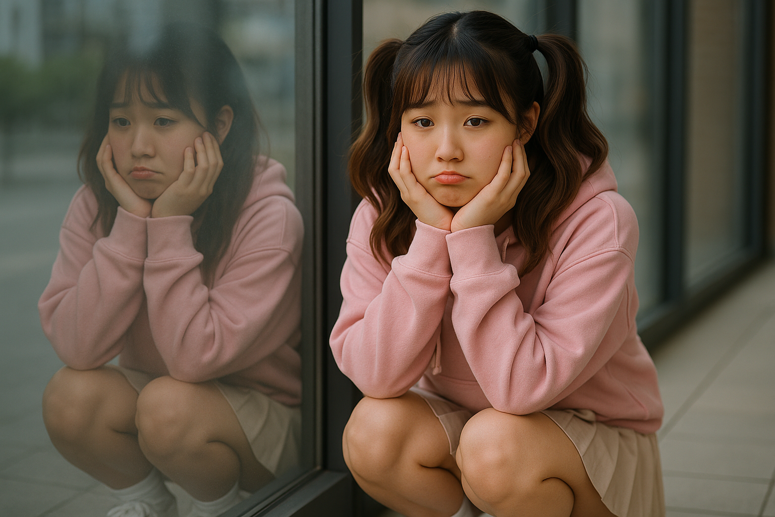 Perempuan muda bergaya casual duduk sedih di depan kaca.