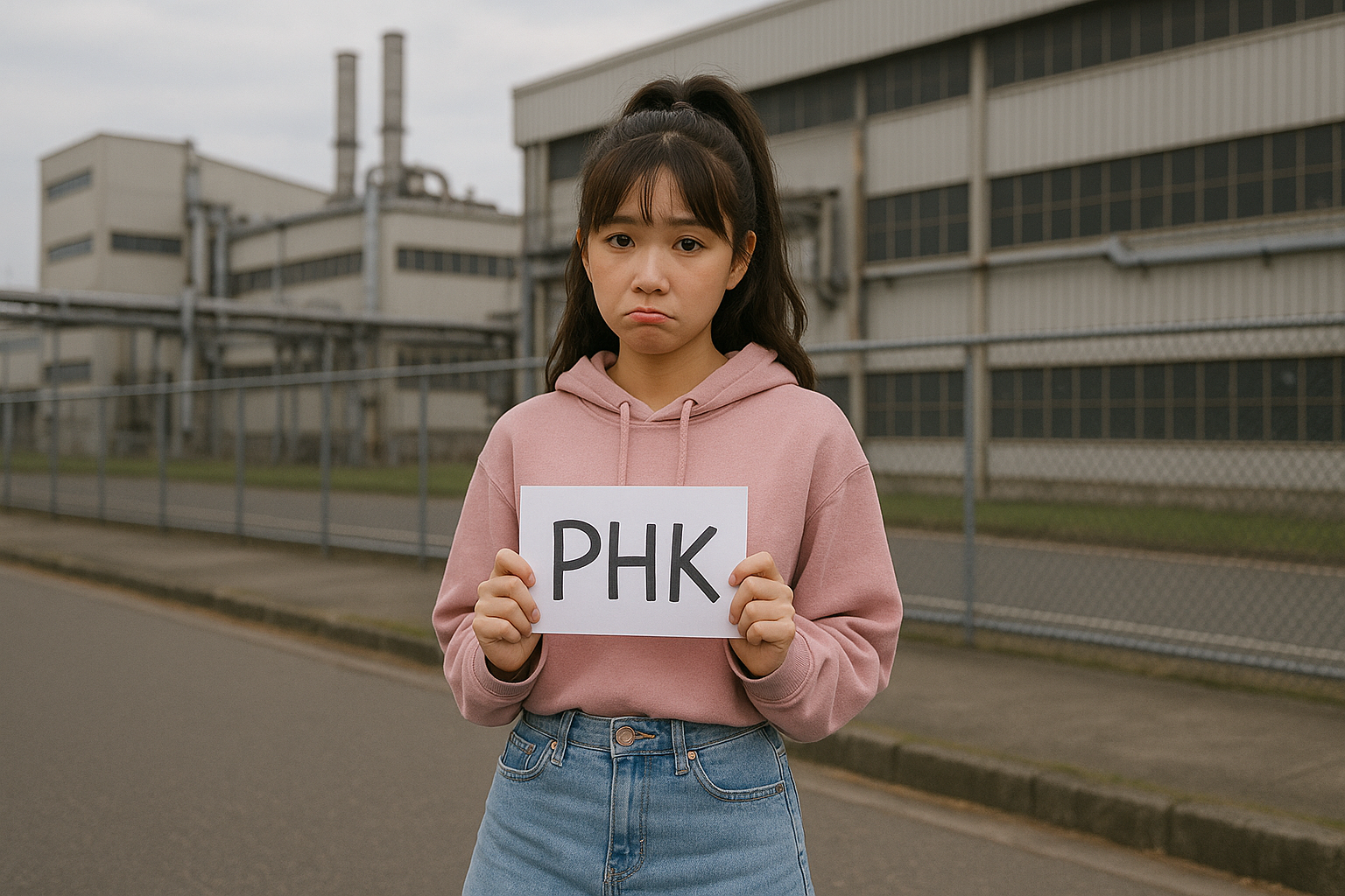 Perempuan muda memegang tulisan PHK di depan pabrik.