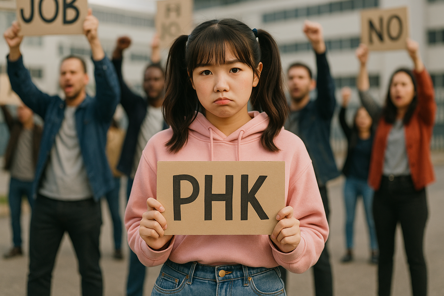 Perempuan muda memegang tulisan PHK saat demo bersama buruh lainnya.