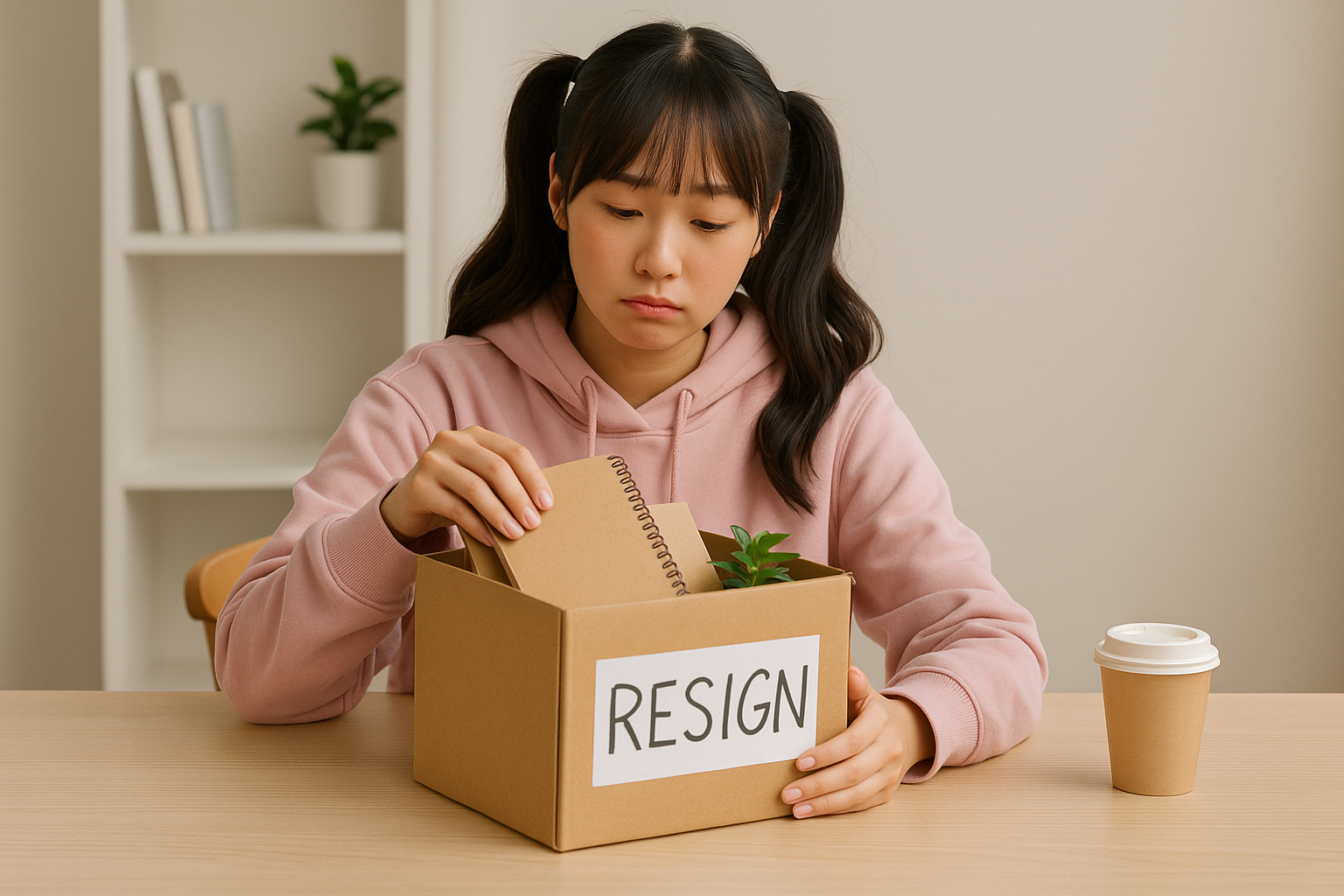 Perempuan muda memasukkan barang ke dalam kotak bertuliskan RESIGN.