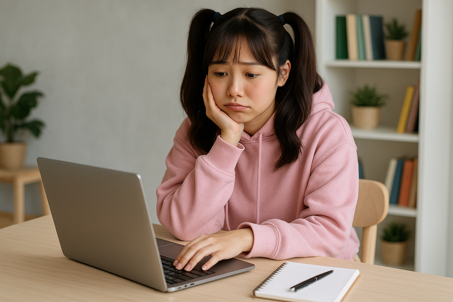 Perempuan muda belajar menggunakan laptop di meja belajar.
