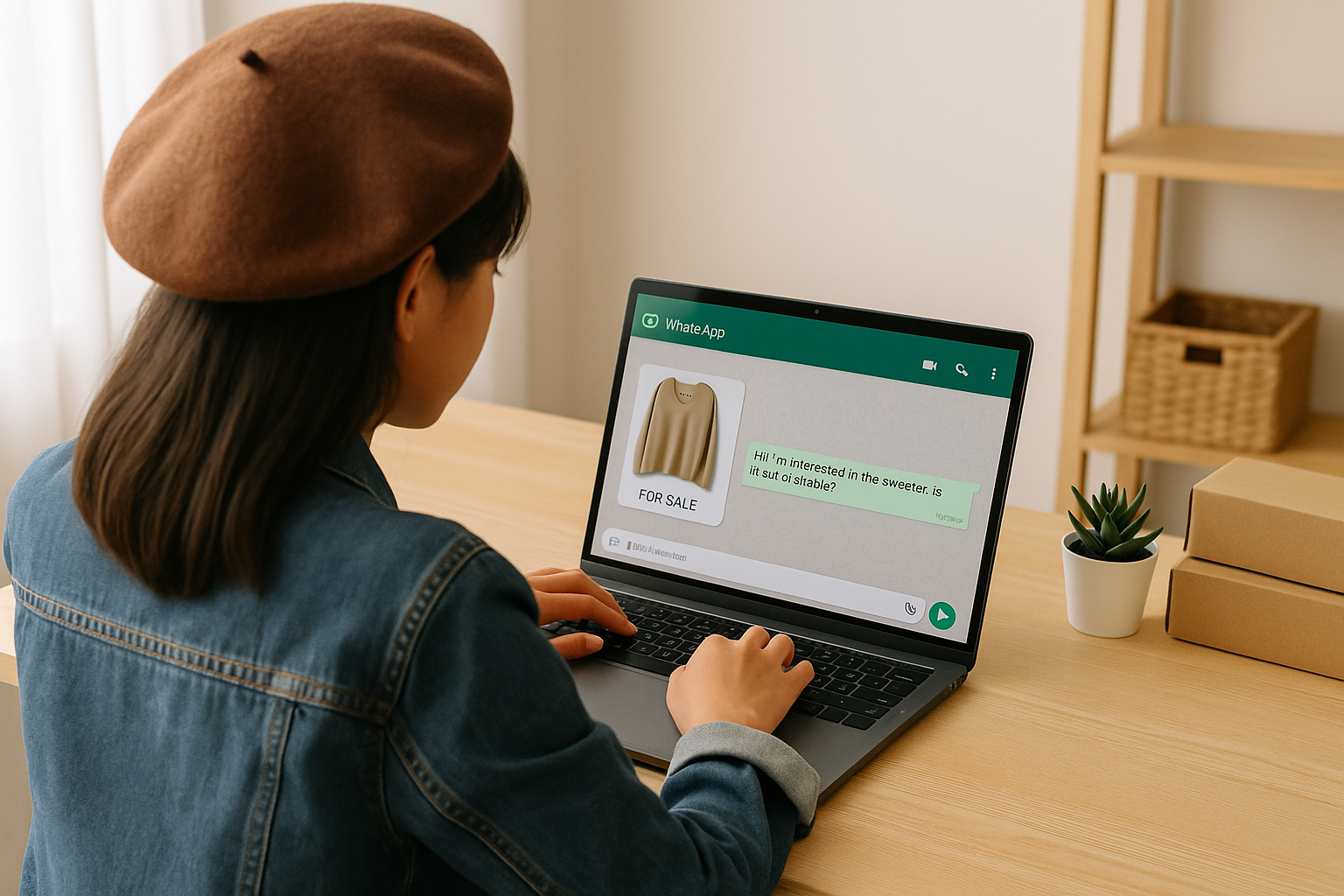 Perempuan Gen Z Asia sedang bekerja di laptop dan menggunakan WhatsApp untuk berjualan dari rumah