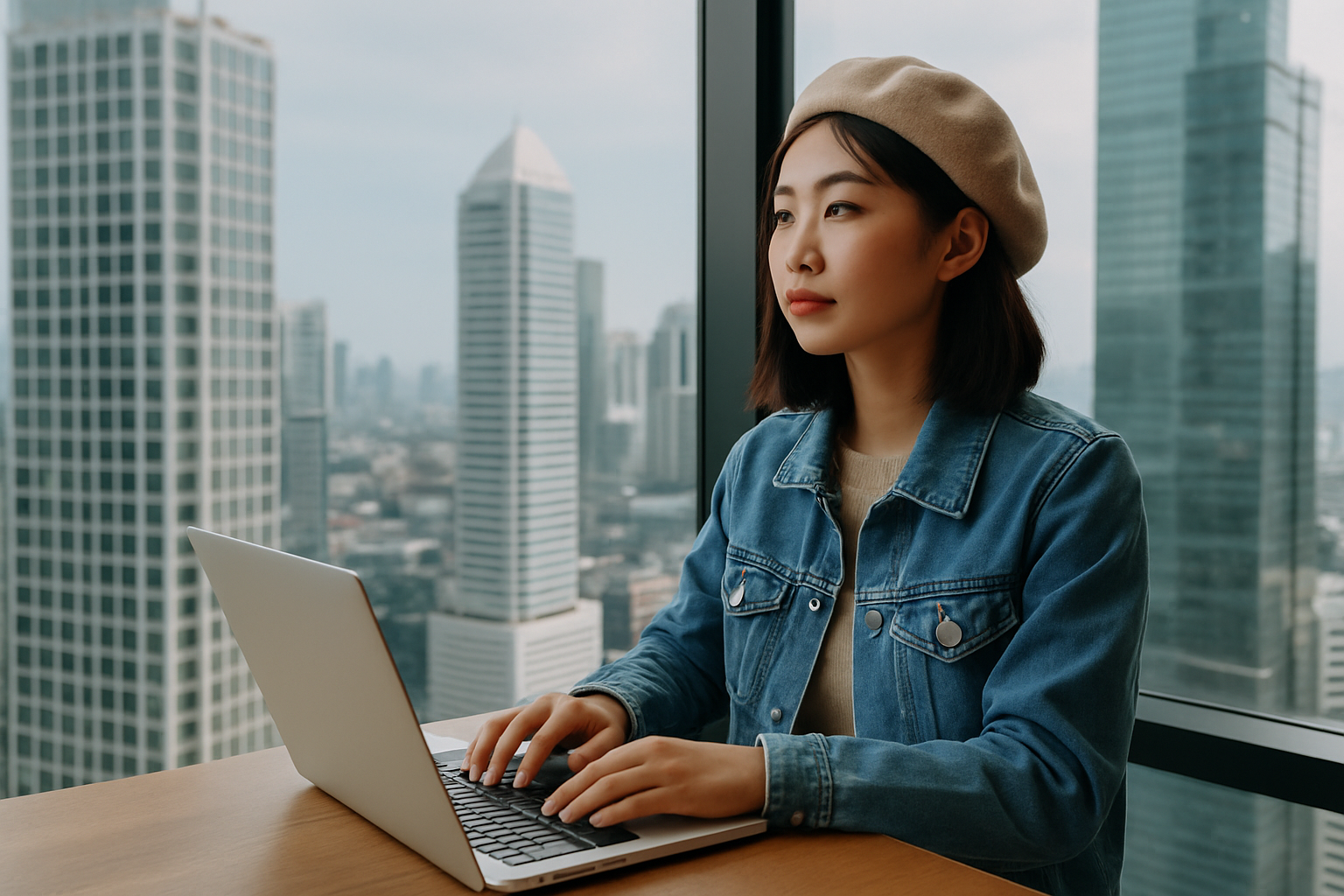 Seorang perempuan muda Asia berdiri di ruang kantor modern dengan jendela besar yang menunjukkan pemandangan gedung pencakar langit.