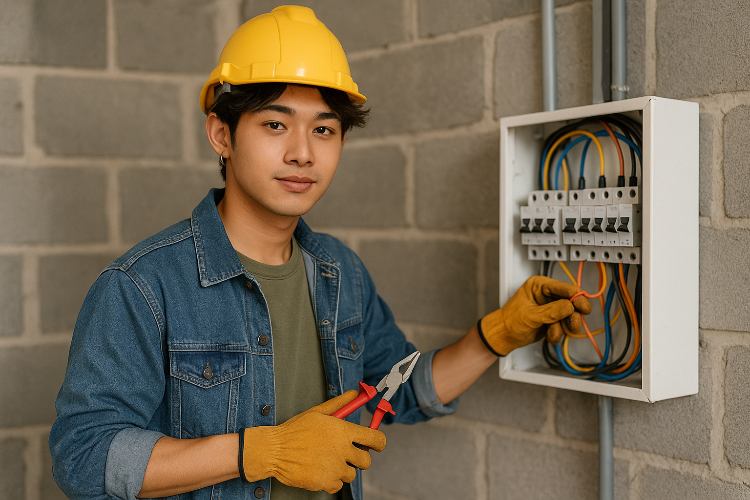Pria Gen Z Asia bekerja sebagai teknisi listrik memeriksa panel listrik