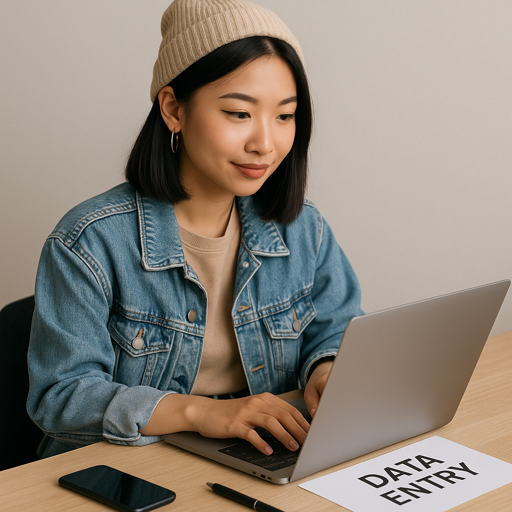 Perempuan Gen Z Asia bekerja sebagai data entry di depan laptop.