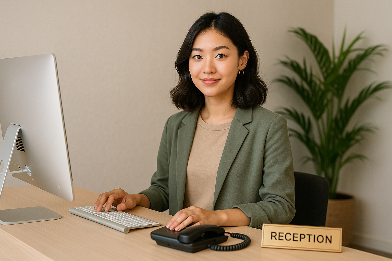 Perempuan muda Asia bekerja sebagai resepsionis di meja depan kantor