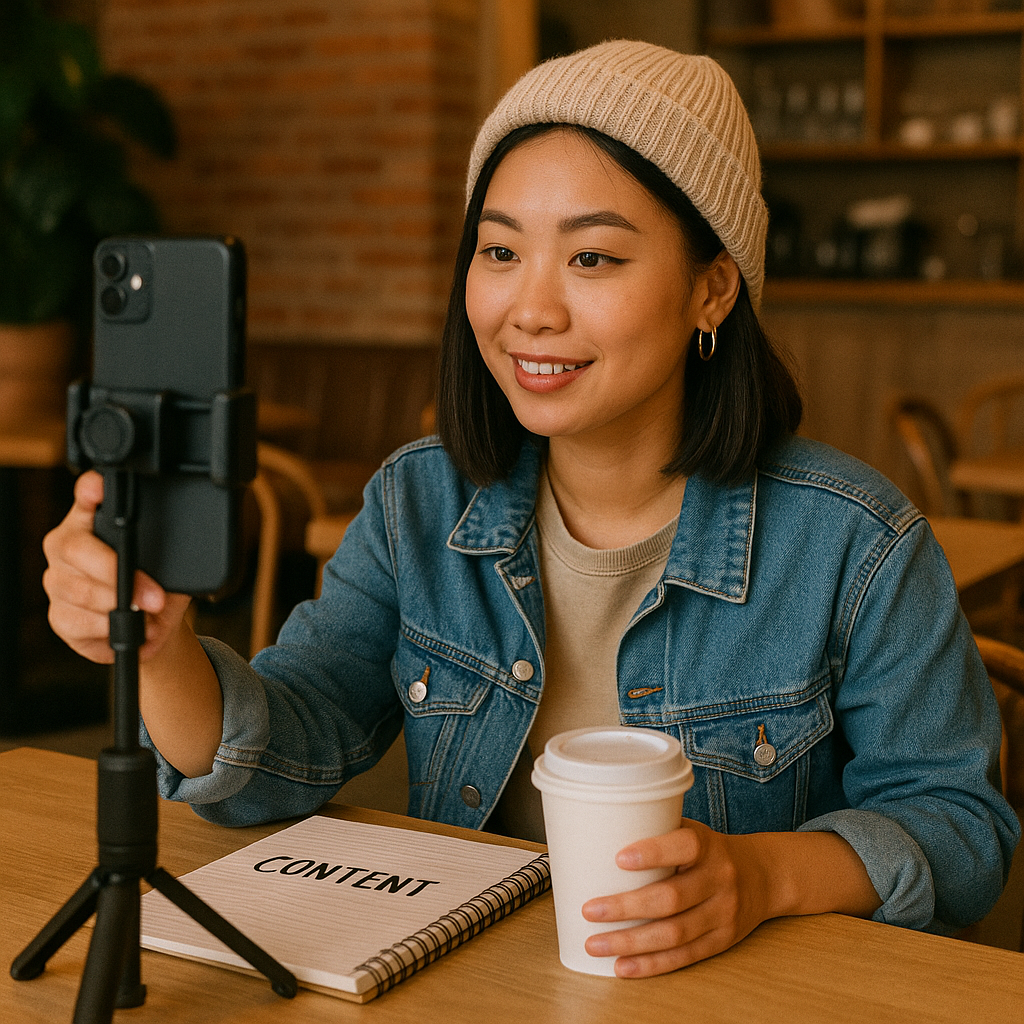Perempuan Gen Z sedang membuat konten di kafe dengan tripod dan kopi.