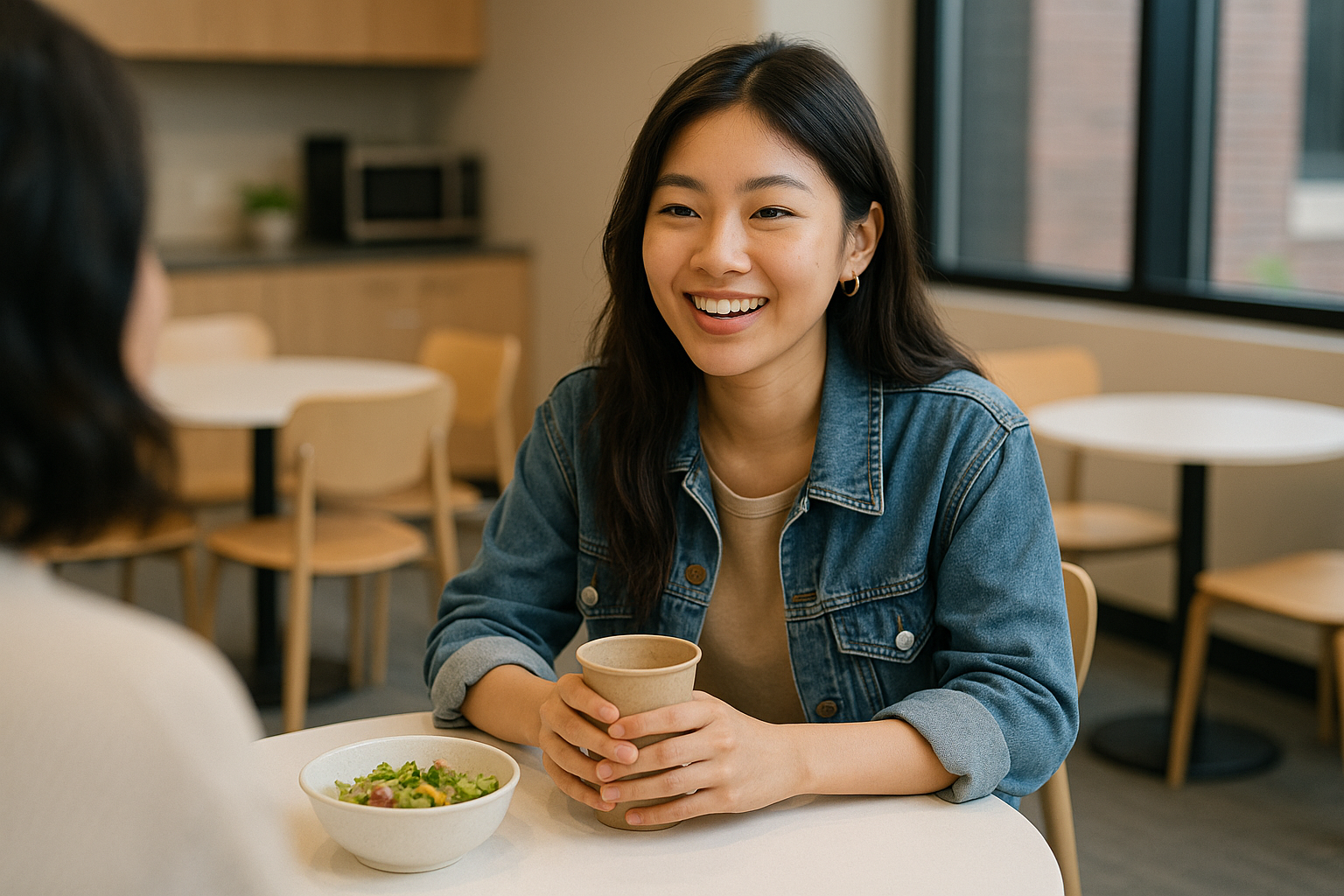 Perempuan muda Asia sedang mengobrol santai di kantin kantor sambil memegang kopi