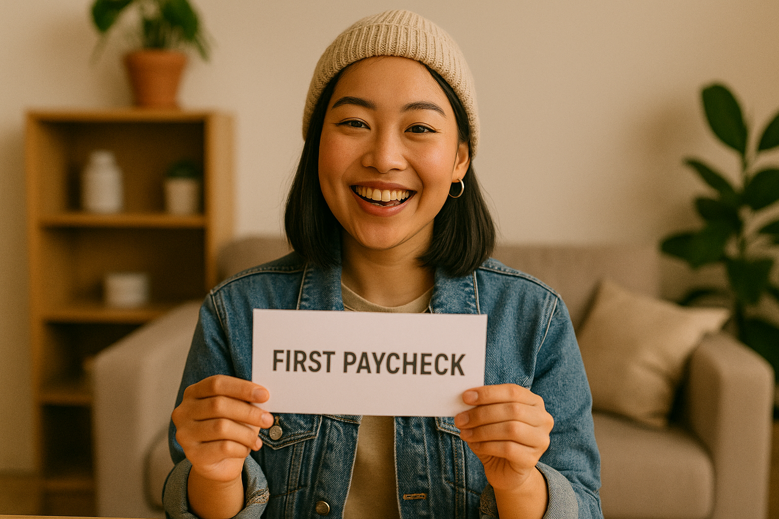 Perempuan Gen Z memegang amplop bertuliskan "First Paycheck" sambil tersenyum.