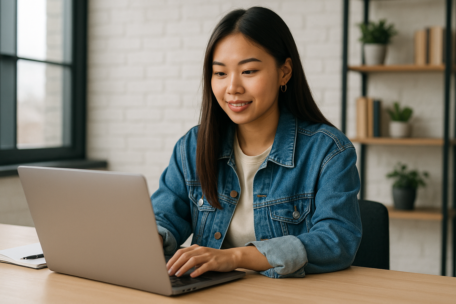 Perempuan muda Asia sedang bekerja dengan laptop di meja kantor.