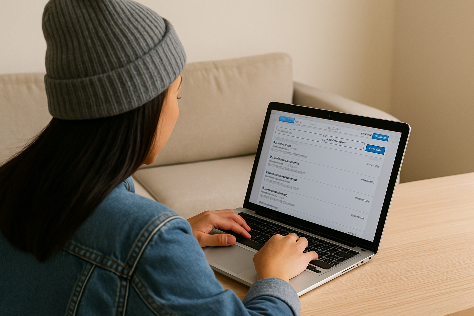 Perempuan Gen Z memakai beanie sedang mencari kerja di LinkedIn melalui laptop.