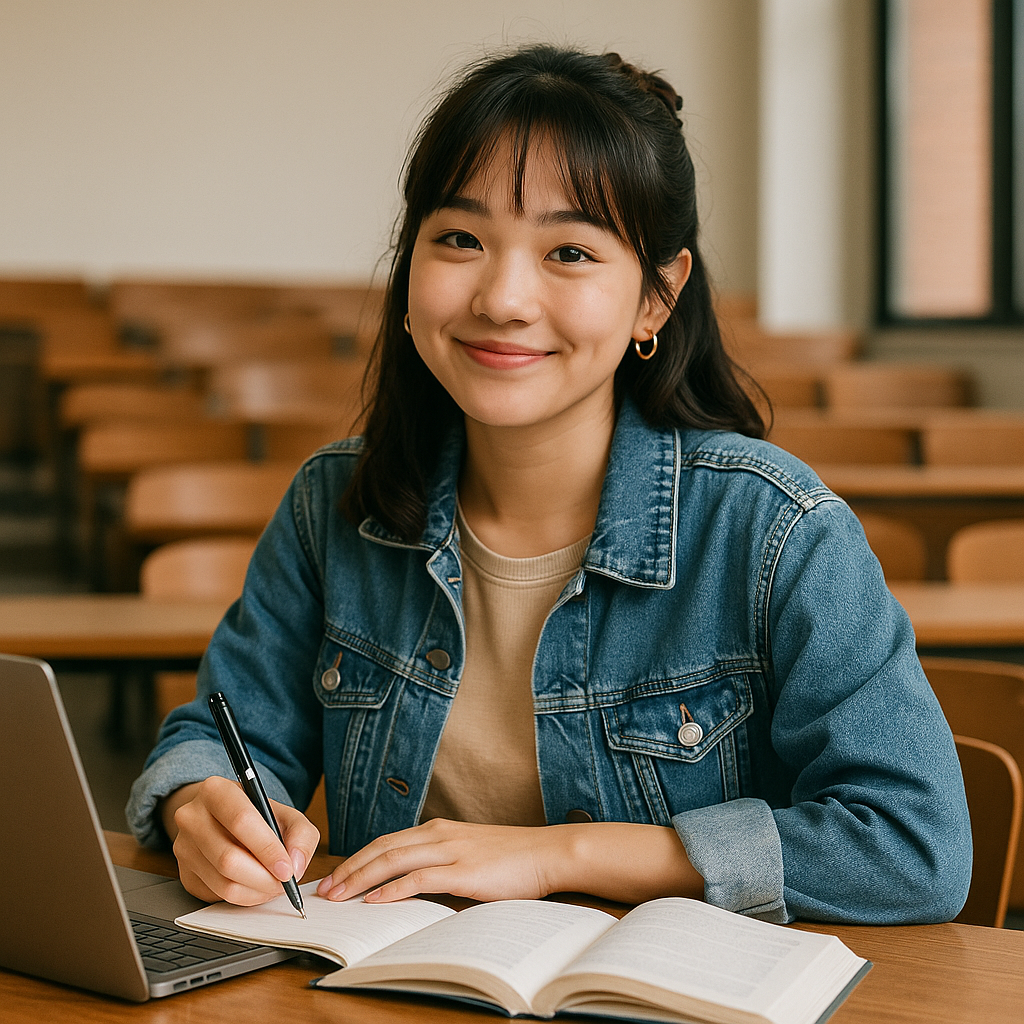 Mahasiswi muda Asia sedang belajar di ruang kuliah dengan laptop dan buku terbuka.