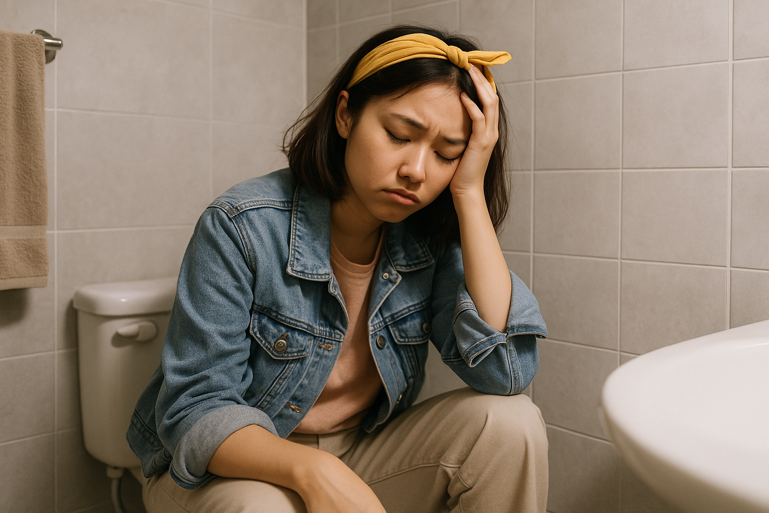 Perempuan Gen Z Asia duduk di kamar mandi dengan ekspresi lelah dan stres.