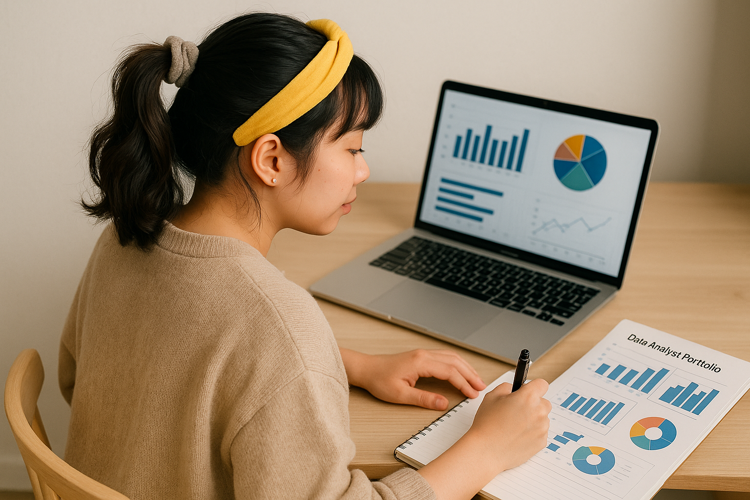 Perempuan Gen Z Asia sedang membuat portofolio data analyst di depan laptop.