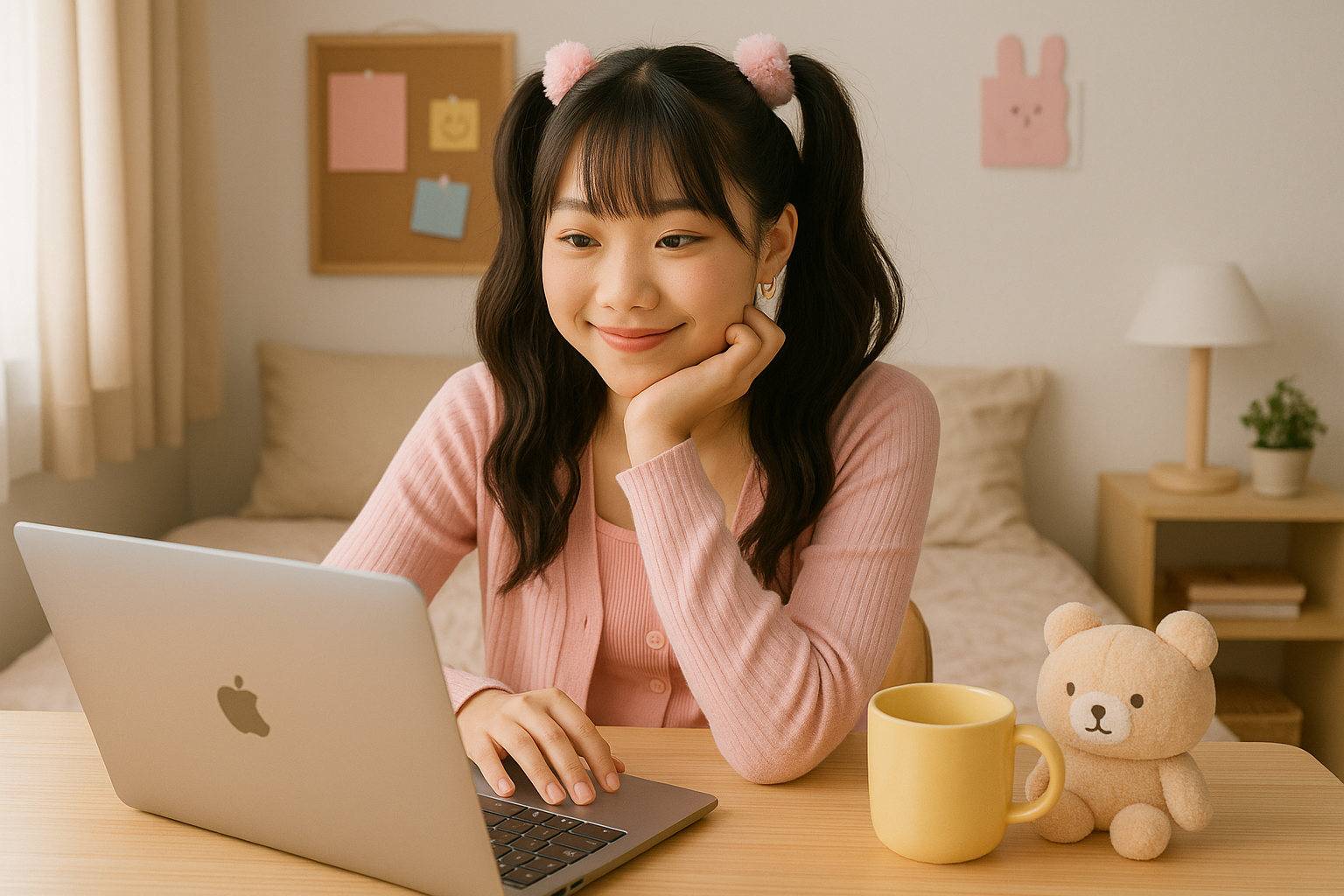 Perempuan Gen Z Asia bekerja dari kamar dengan laptop dan dekorasi lucu.