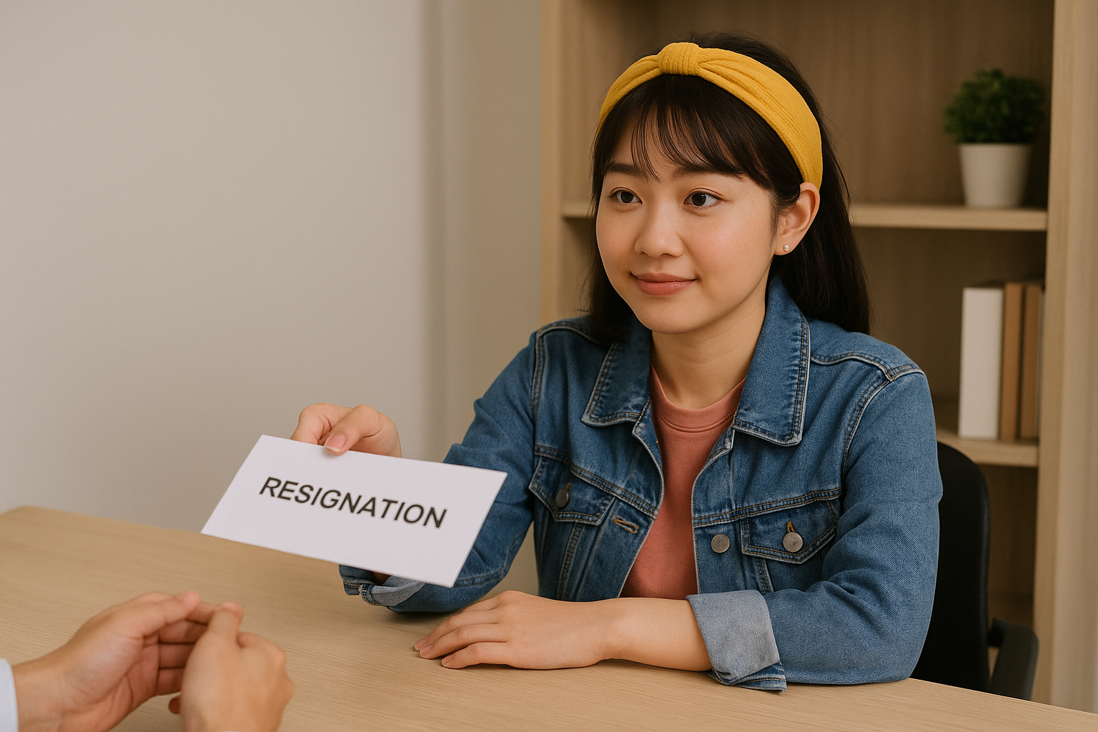 Perempuan Gen Z Asia menyerahkan surat resign di meja kantor.