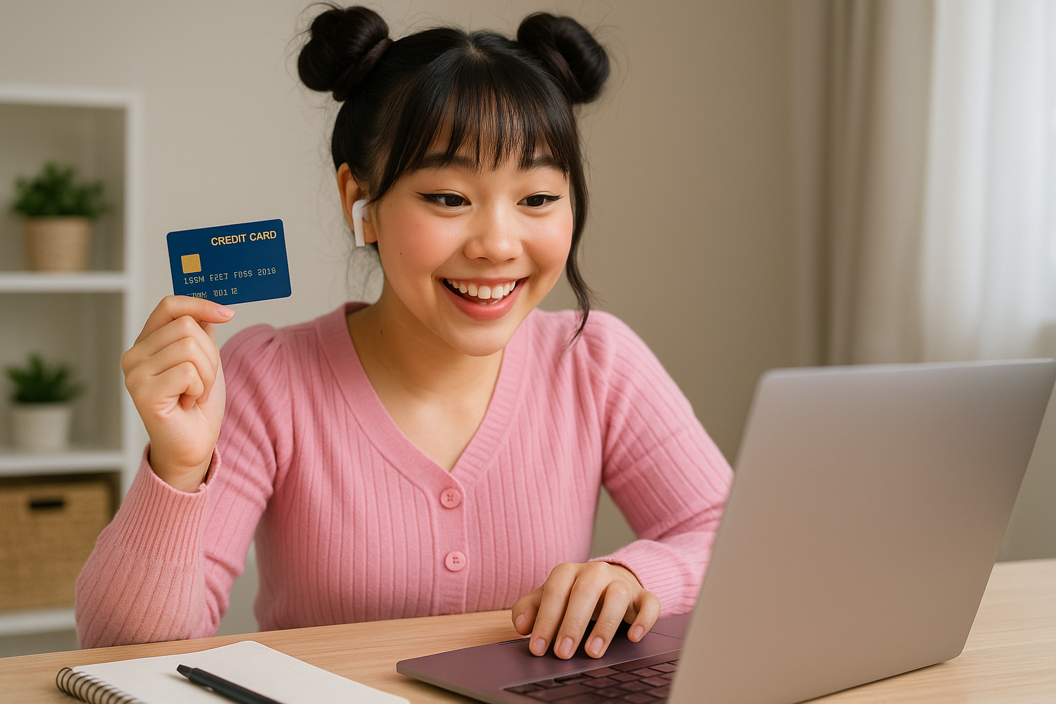 Perempuan Gen Z Asia tersenyum saat membayar cicilan menggunakan laptop dan kartu kredit.