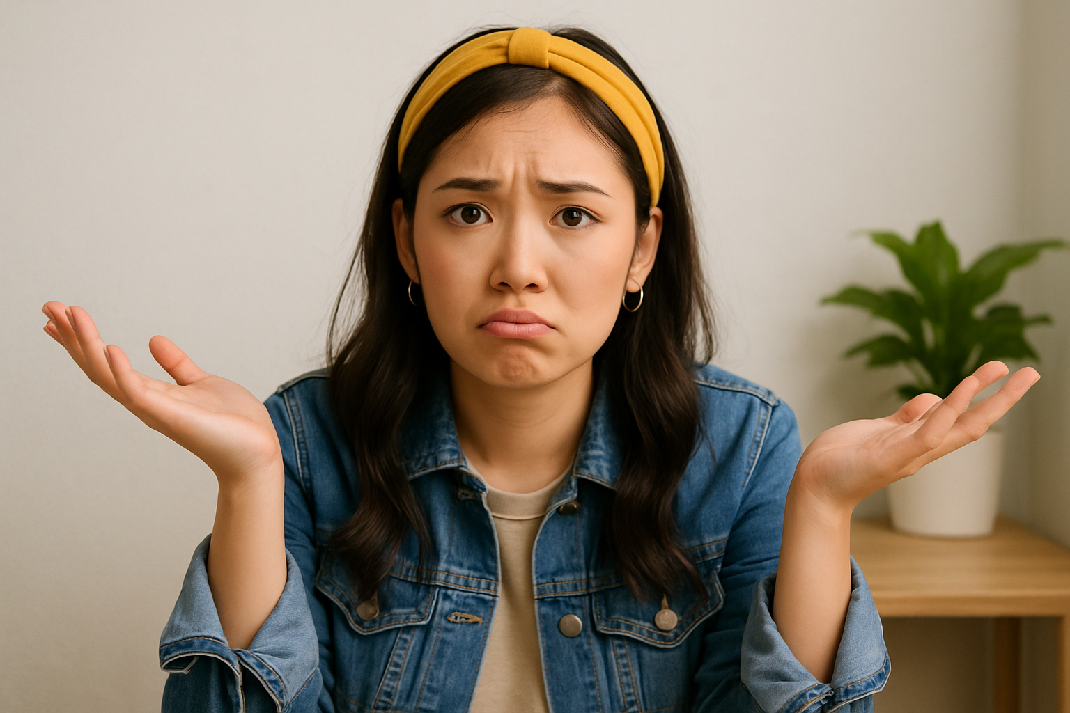 Perempuan Gen Z Asia bergaya kasual mengangkat tangan dengan ekspresi bingung.