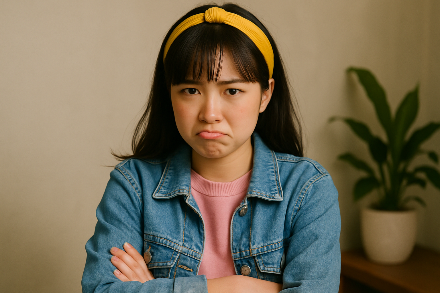Seorang wanita muda Asia bergaya cute dan stylish sedang cemberut di dalam ruangan.